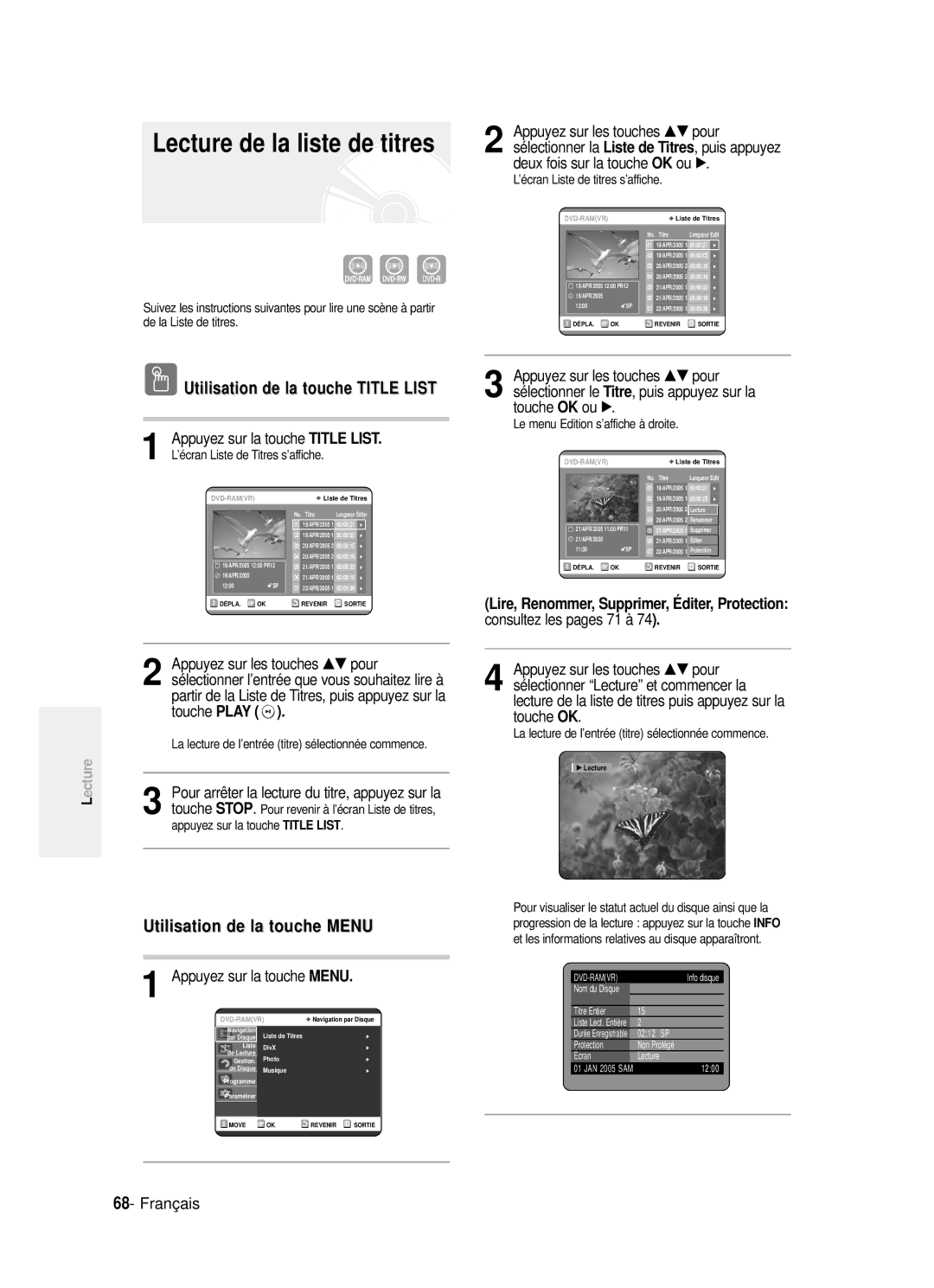 Samsung DVD-R121P, DVD-R121/XEF manual Lecture de la liste de titres, Lire, Renommer, Supprimer, É diter, Protection, OK ou 