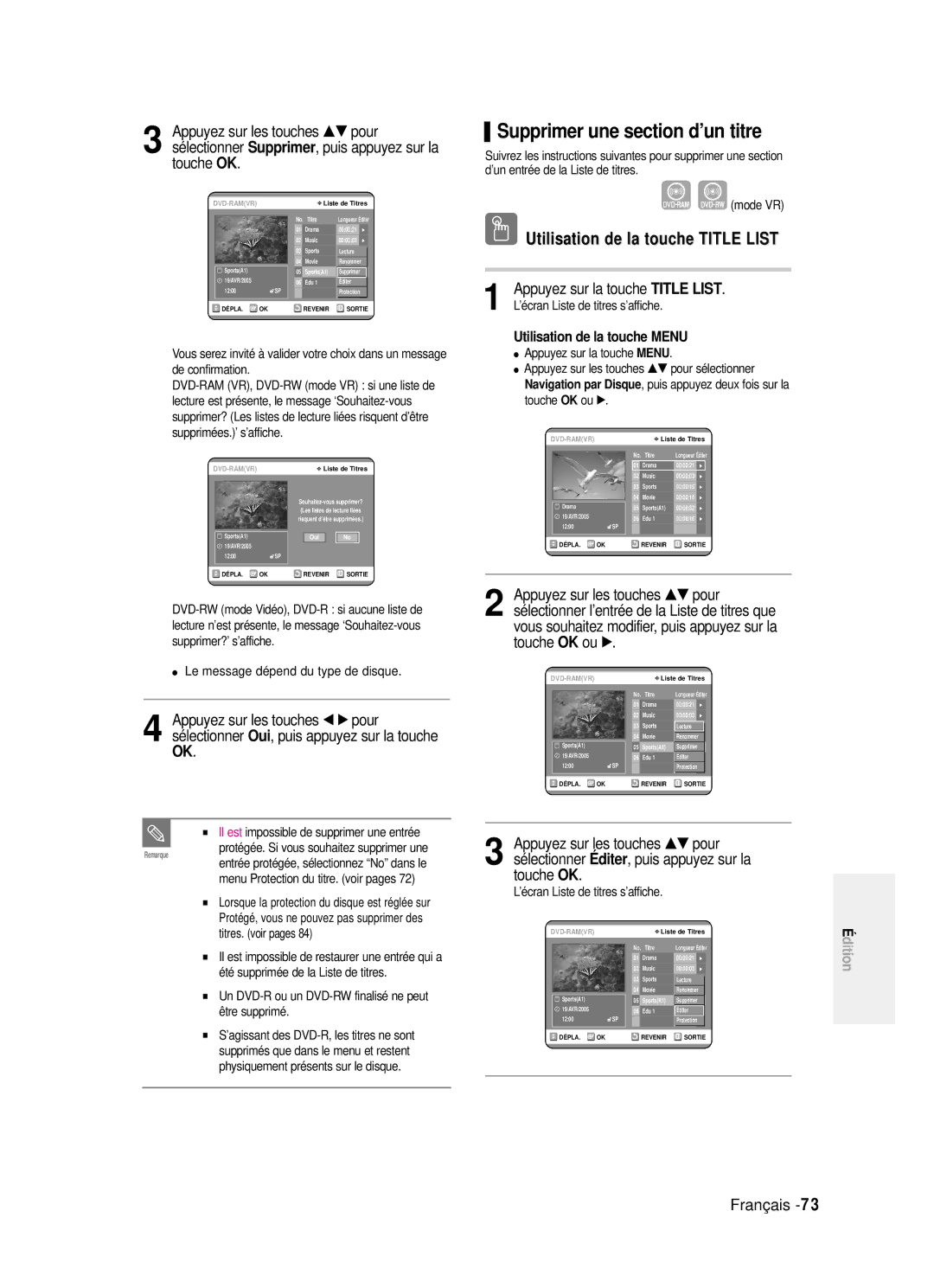 Samsung DVD-R121/XEF, DVD-R121P manual Supprimer une section d’un titre, Le message dépend du type de disque 