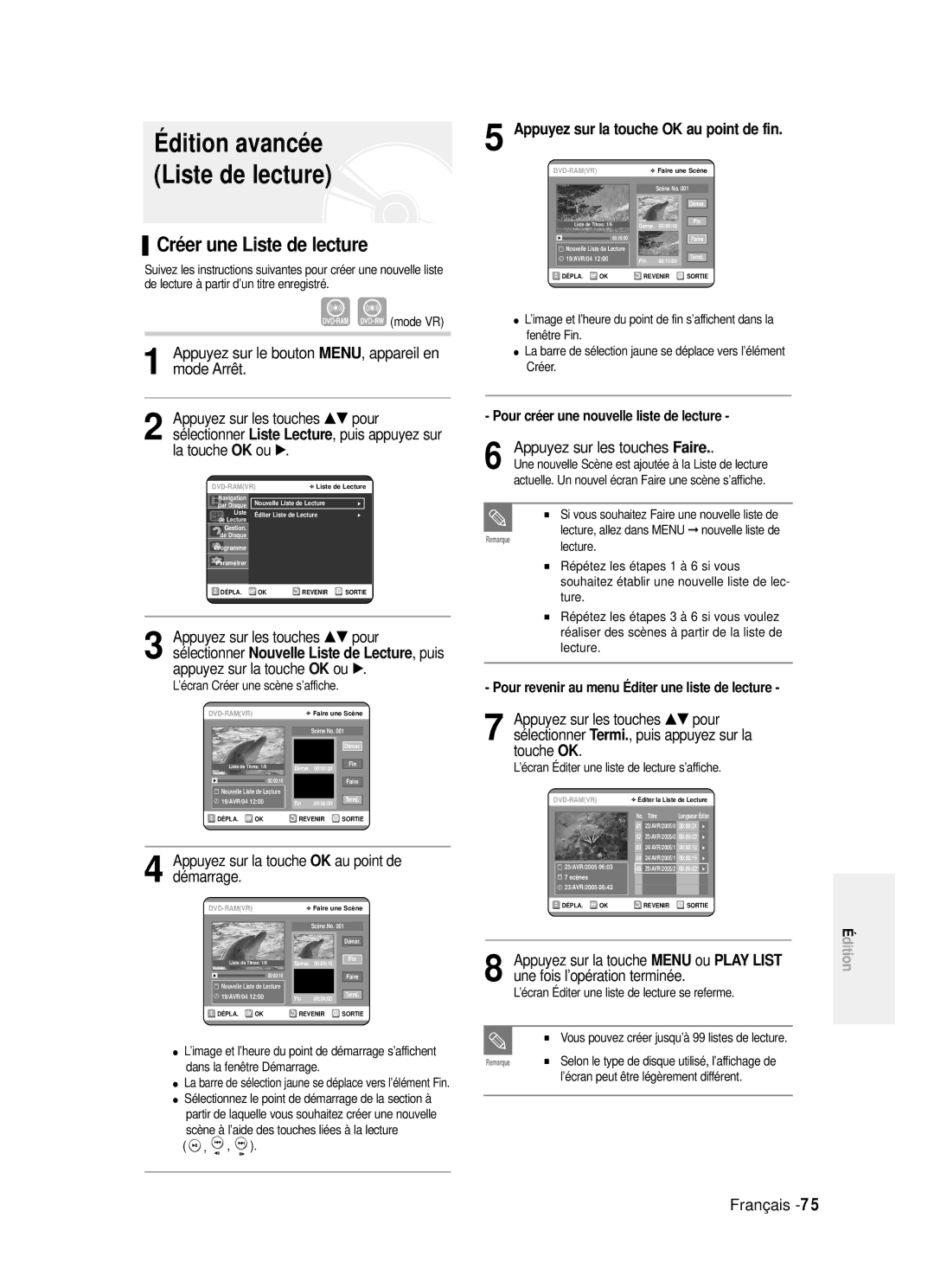 Samsung DVD-R121/XEF, DVD-R121P manual Édition avancée Liste de lecture, Créer une Liste de lecture, OK ou √ 