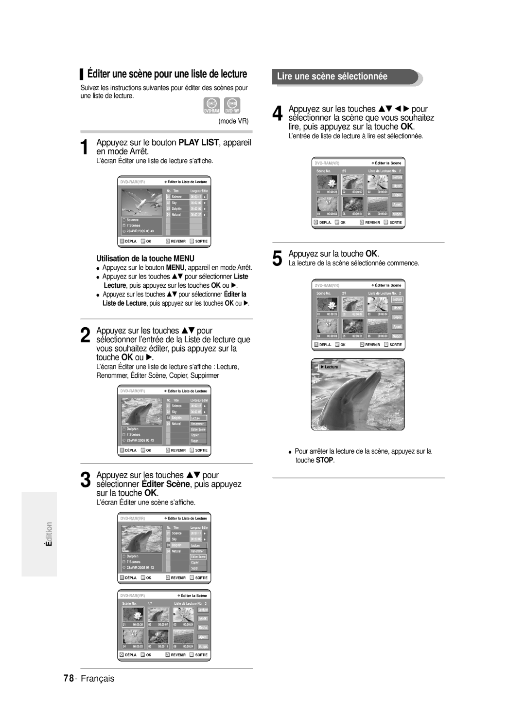 Samsung DVD-R121P, DVD-R121/XEF manual Lire une scène sélectionnée, Éditer une scène pour une liste de lecture 