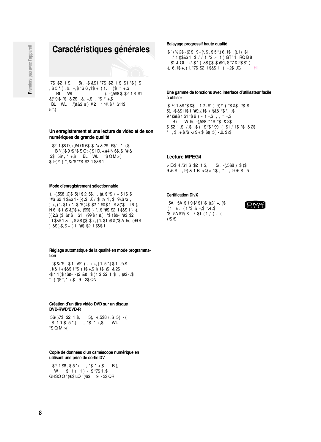 Samsung DVD-R121P, DVD-R121/XEF manual Caractéristiques générales, Lecture MPEG4 