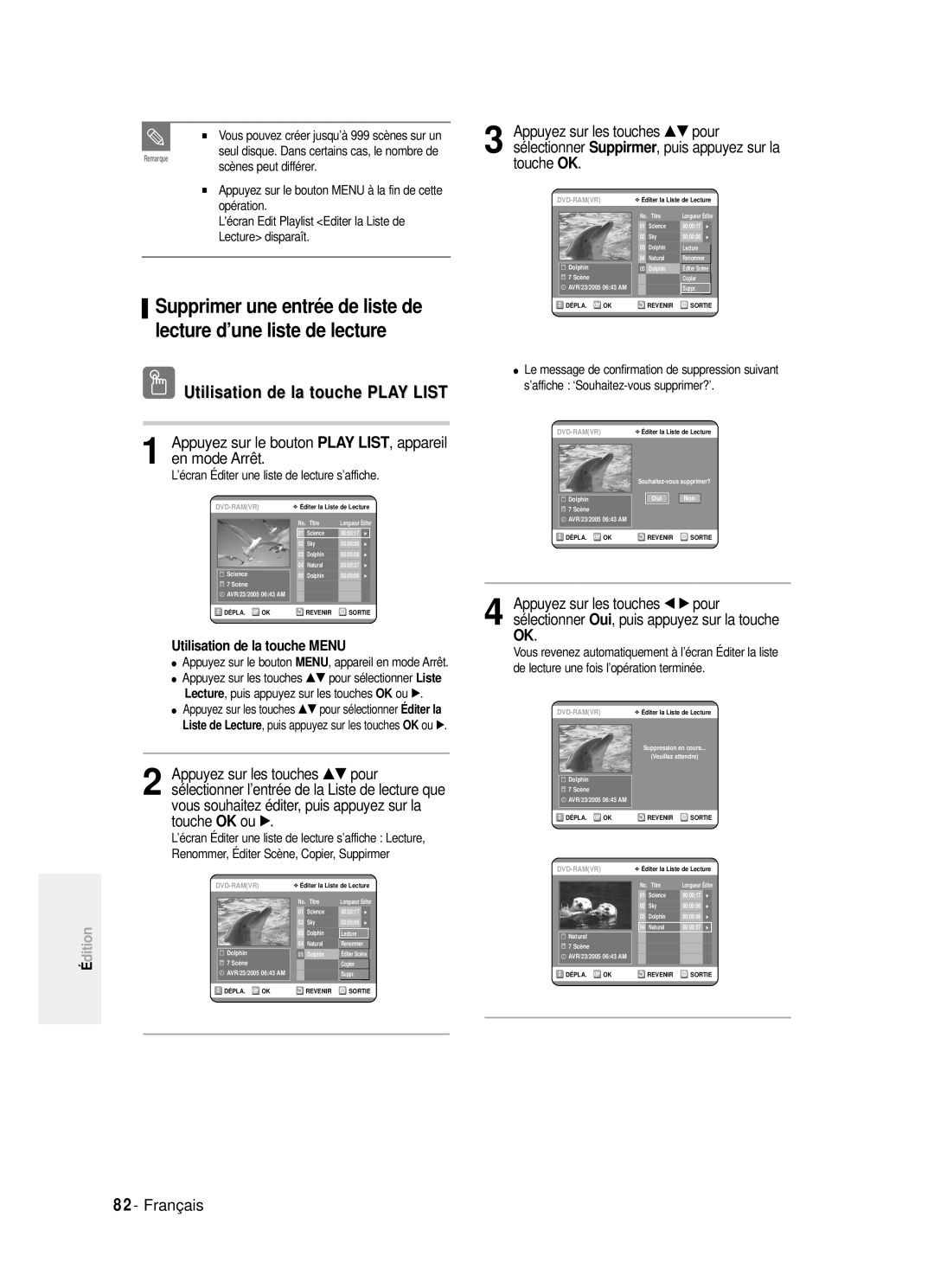 Samsung DVD-R121P, DVD-R121/XEF manual Appuyez sur le bouton Menu à la fin de cette opération, OK ou √ 