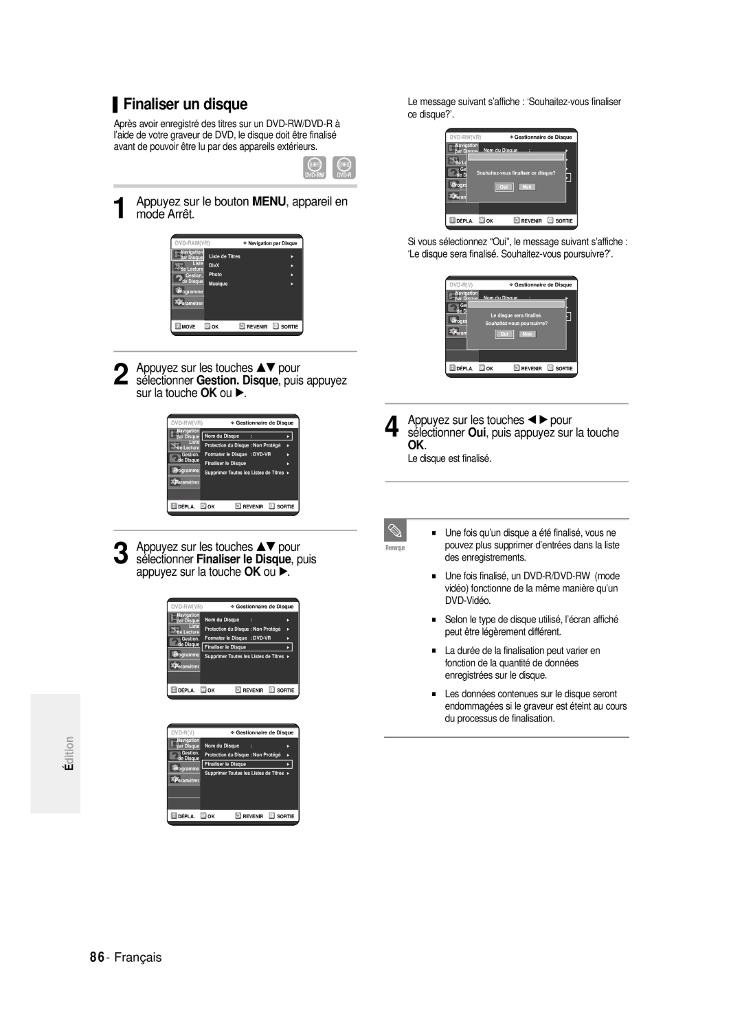 Samsung DVD-R121P, DVD-R121/XEF manual Finaliser un disque, Sur la touche, Le disque est finalisé 