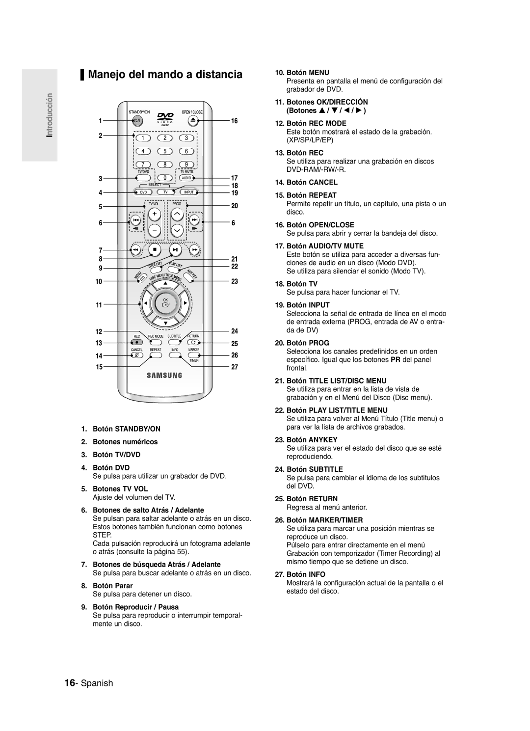 Samsung DVD-R121/XEH, DVD-R121/XEG, DVD-R121/XEF, DVD-R121/XEO, DVD-R121/EUR, DVD-R121/XEN manual Manejo del mando a distancia 