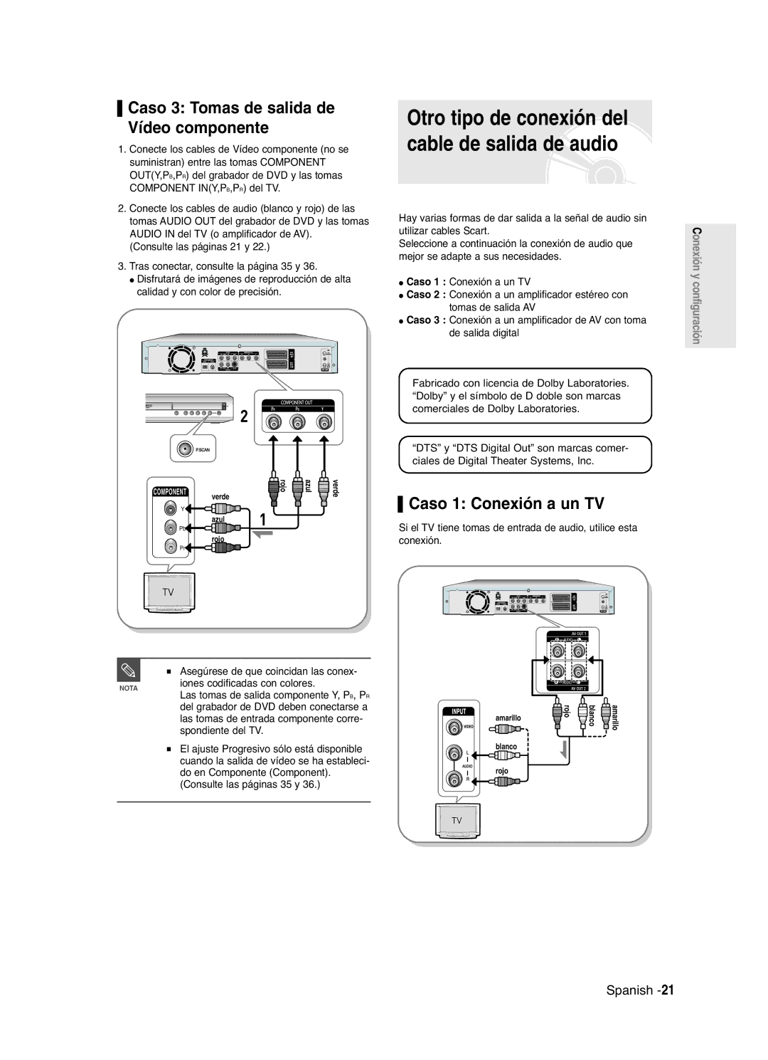 Samsung DVD-R121/XEC manual Otro tipo de conexión del cable de salida de audio, Caso 3 Tomas de salida de Vídeo componente 