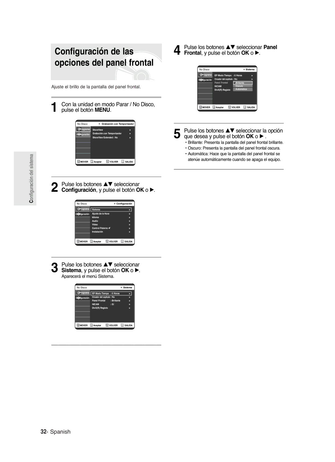 Samsung DVD-R121/XEC Configuración de las opciones del panel frontal, Ajuste el brillo de la pantalla del panel frontal 