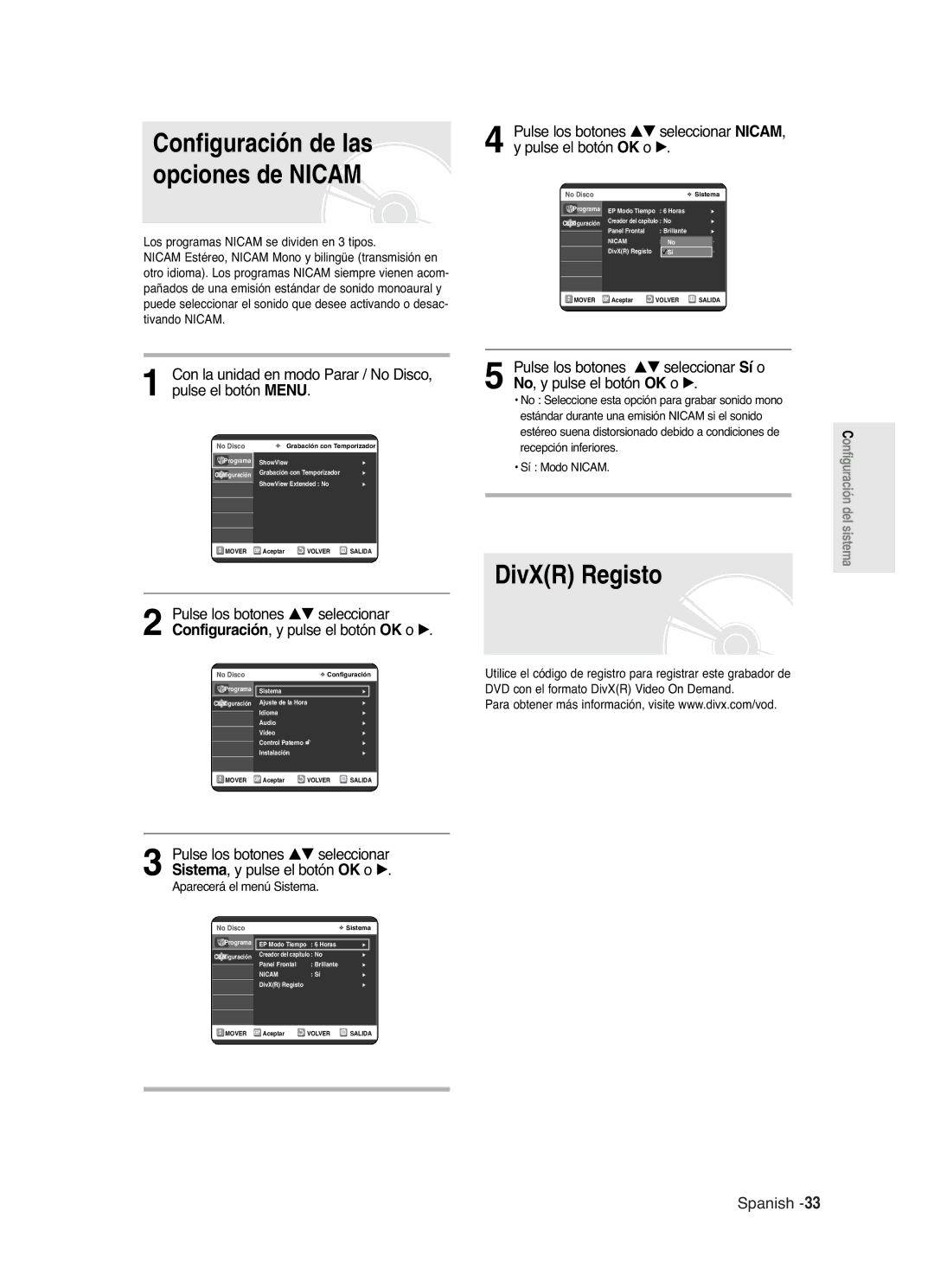 Samsung DVD-R121/XEG, DVD-R121/XEF, DVD-R121/XEO, DVD-R121/EUR manual DivXR Registo, Configuración de las opciones de Nicam 