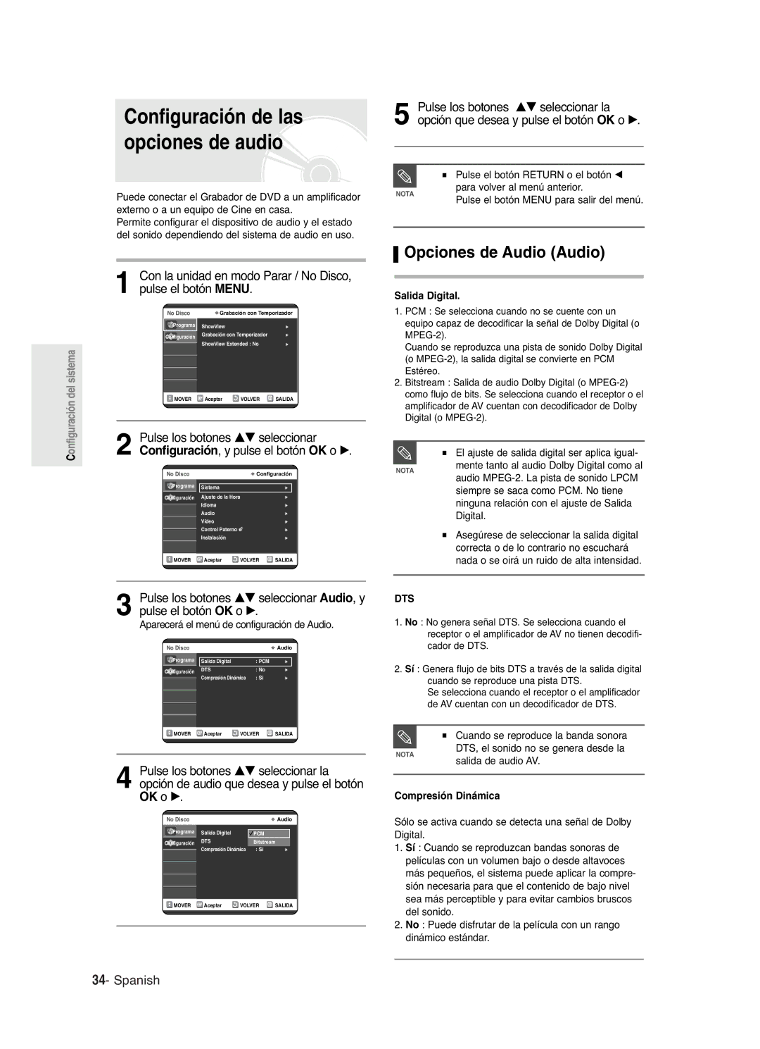 Samsung DVD-R121/XEF Configuración de las opciones de audio, Opciones de Audio Audio, Pulse los botones …† seleccionar la 