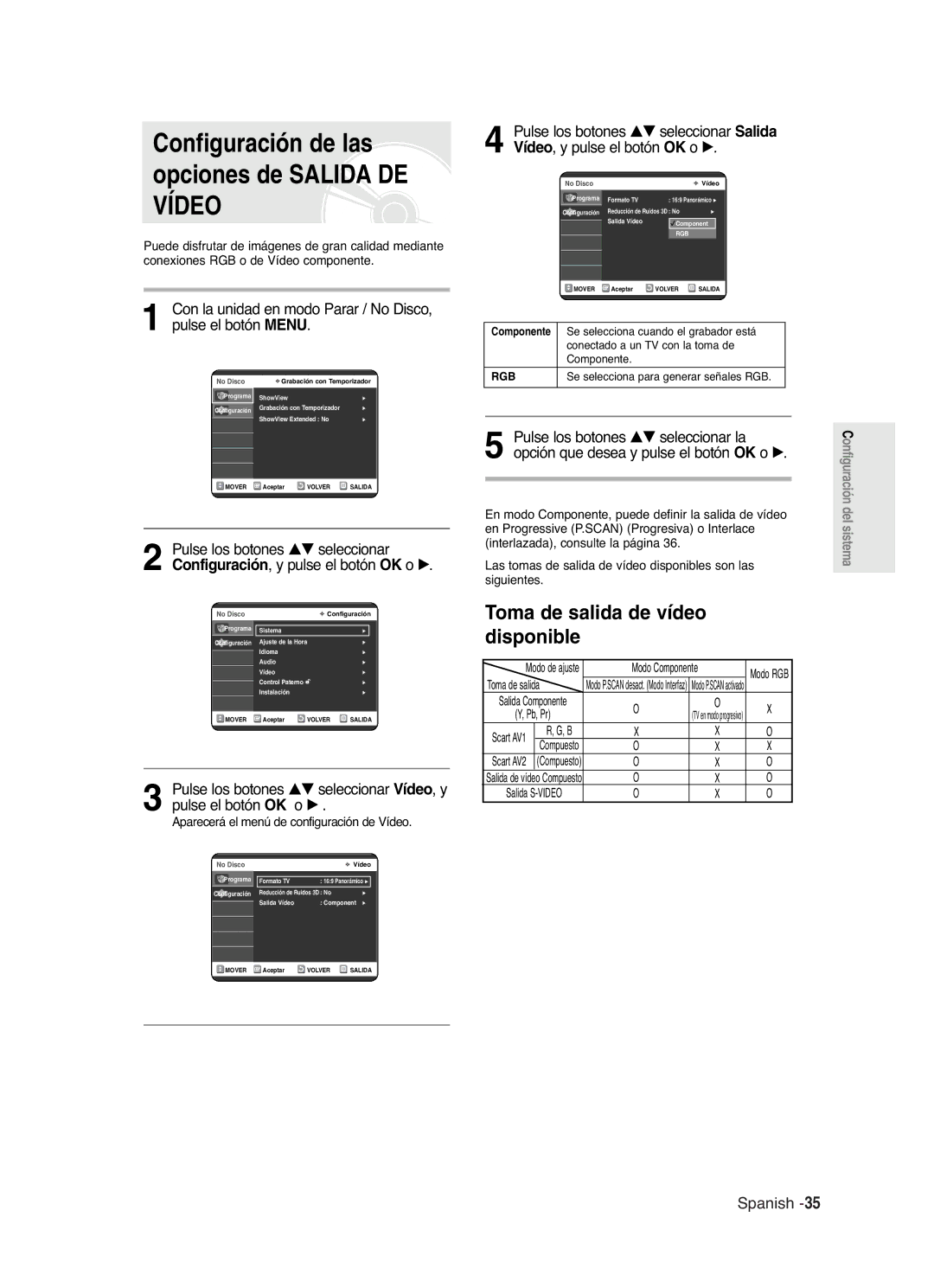 Samsung DVD-R121/XEO, DVD-R121/XEG Configuración de las opciones de Salida DE Vídeo, Toma de salida de vídeo disponible 