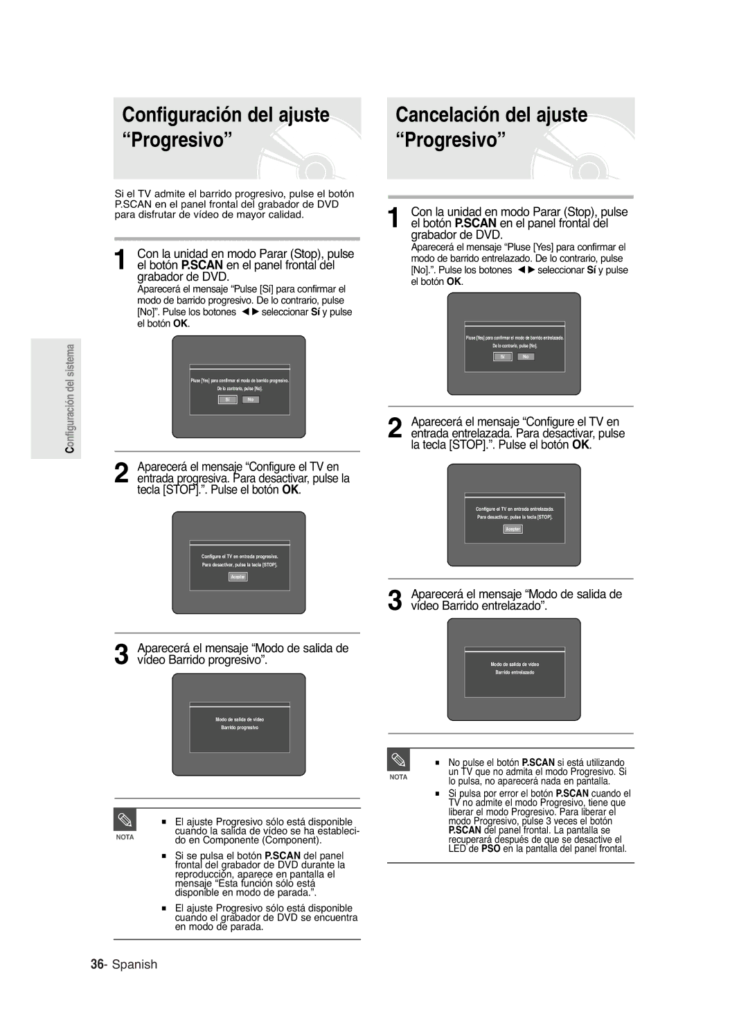 Samsung DVD-R121/EUR, DVD-R121/XEG manual Configuración del ajuste, Progresivo, No pulse el botón P.SCAN si está utilizando 