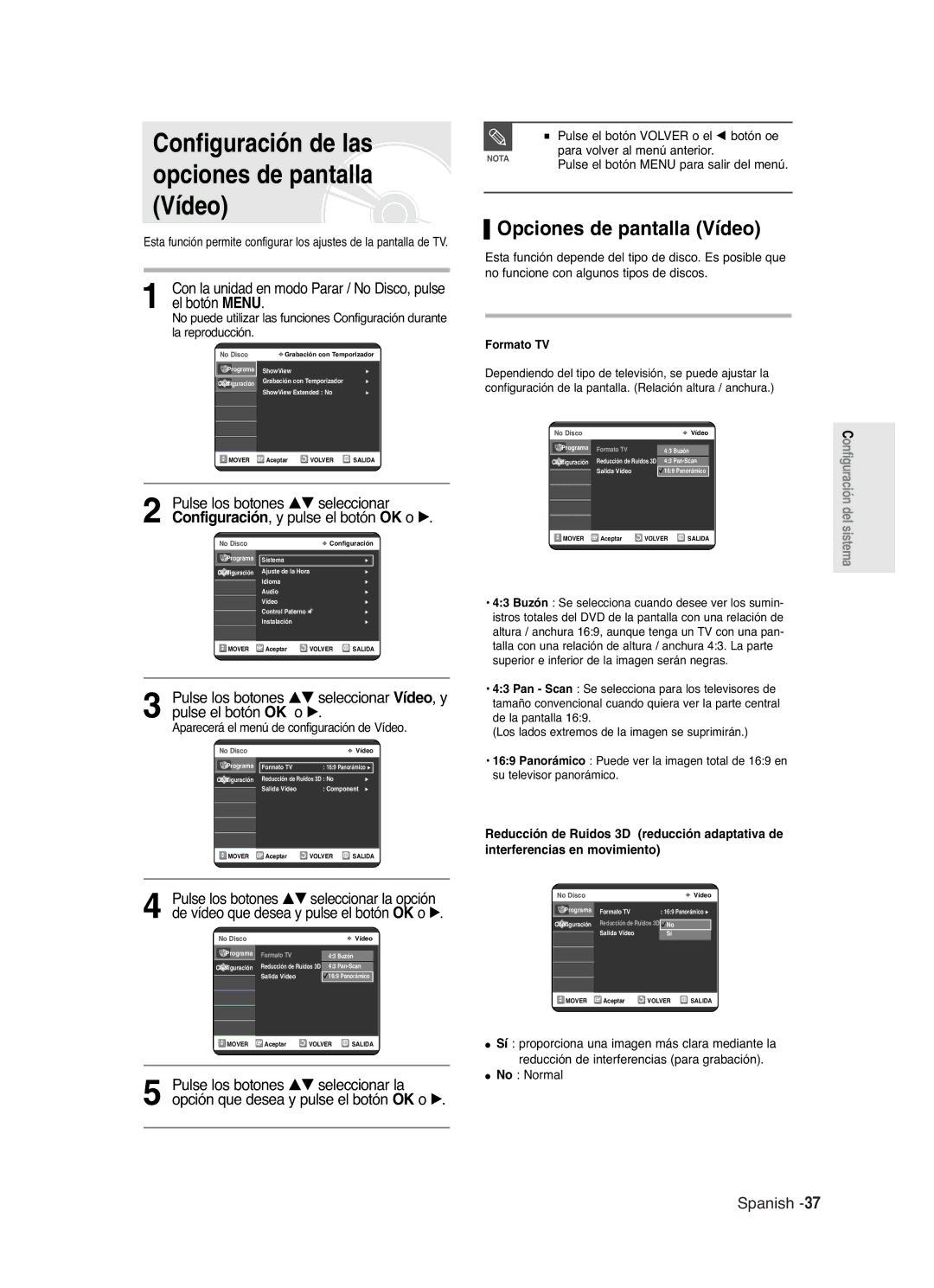 Samsung DVD-R121/XEN, DVD-R121/XEG, DVD-R121/XEF, DVD-R121/XEO Configuración de las, Opciones de pantalla Vídeo, No Normal 