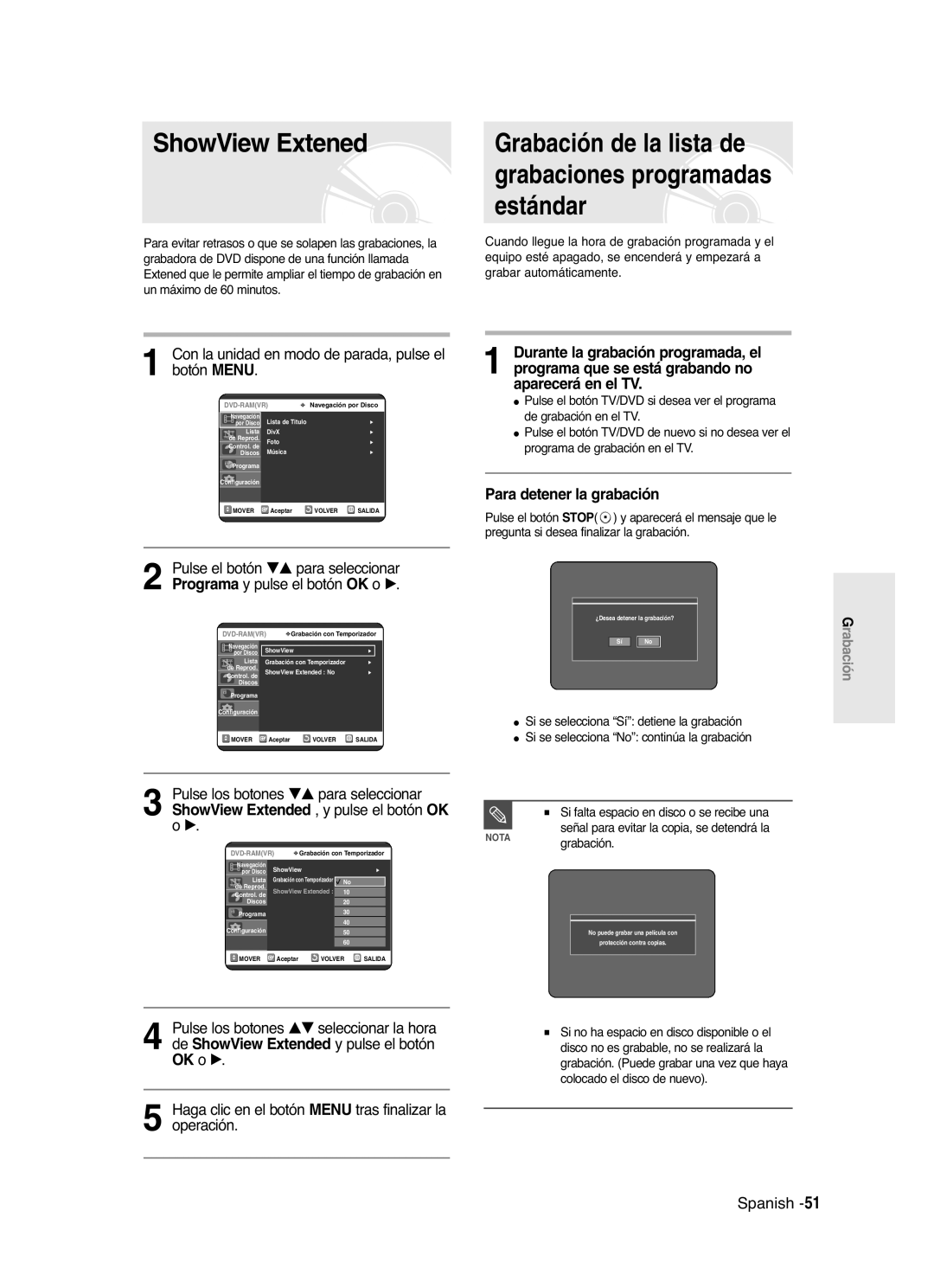 Samsung DVD-R121/XEB, DVD-R121/XEG manual ShowView Extened, Grabación de la lista de grabaciones programadas estándar 