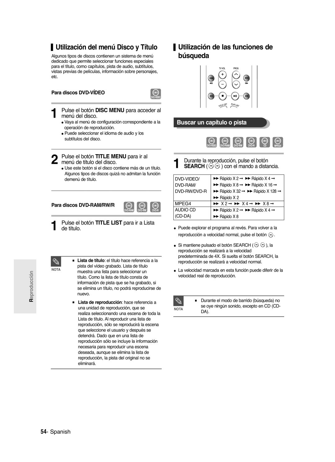 Samsung DVD-R121/XEC, DVD-R121/XEG, DVD-R121/XEF manual Utilización de las funciones de búsqueda, Buscar un capítulo o pista 