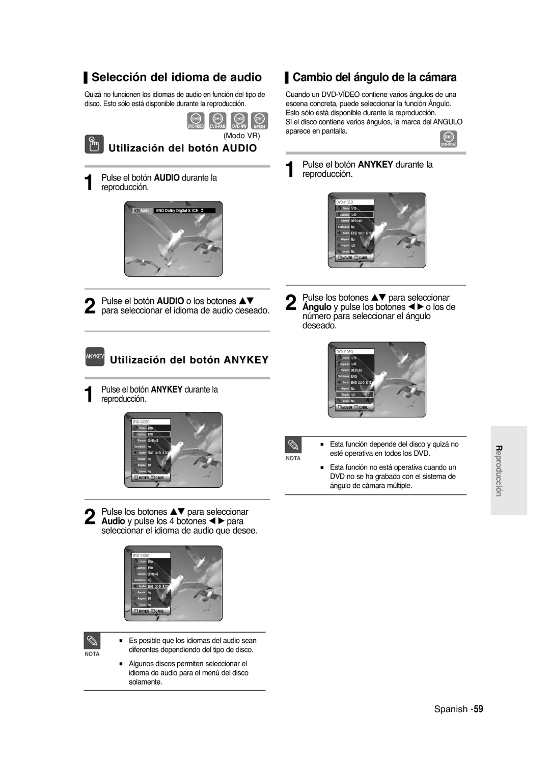 Samsung DVD-R121/XEN manual Selección del idioma de audio, Cambio del ángulo de la cámara, Utilización del botón Anykey 