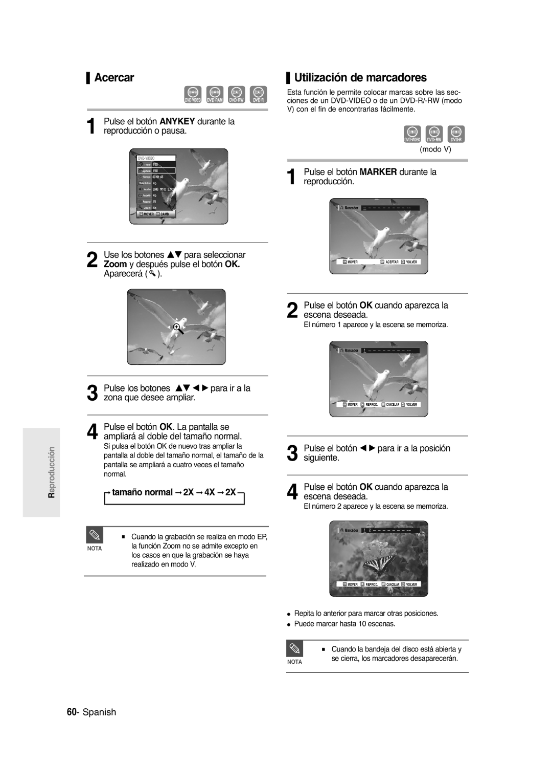 Samsung DVD-R121/XEH, DVD-R121/XEG manual Acercar, Utilización de marcadores, Pulse el botón Marker durante la reproducción 