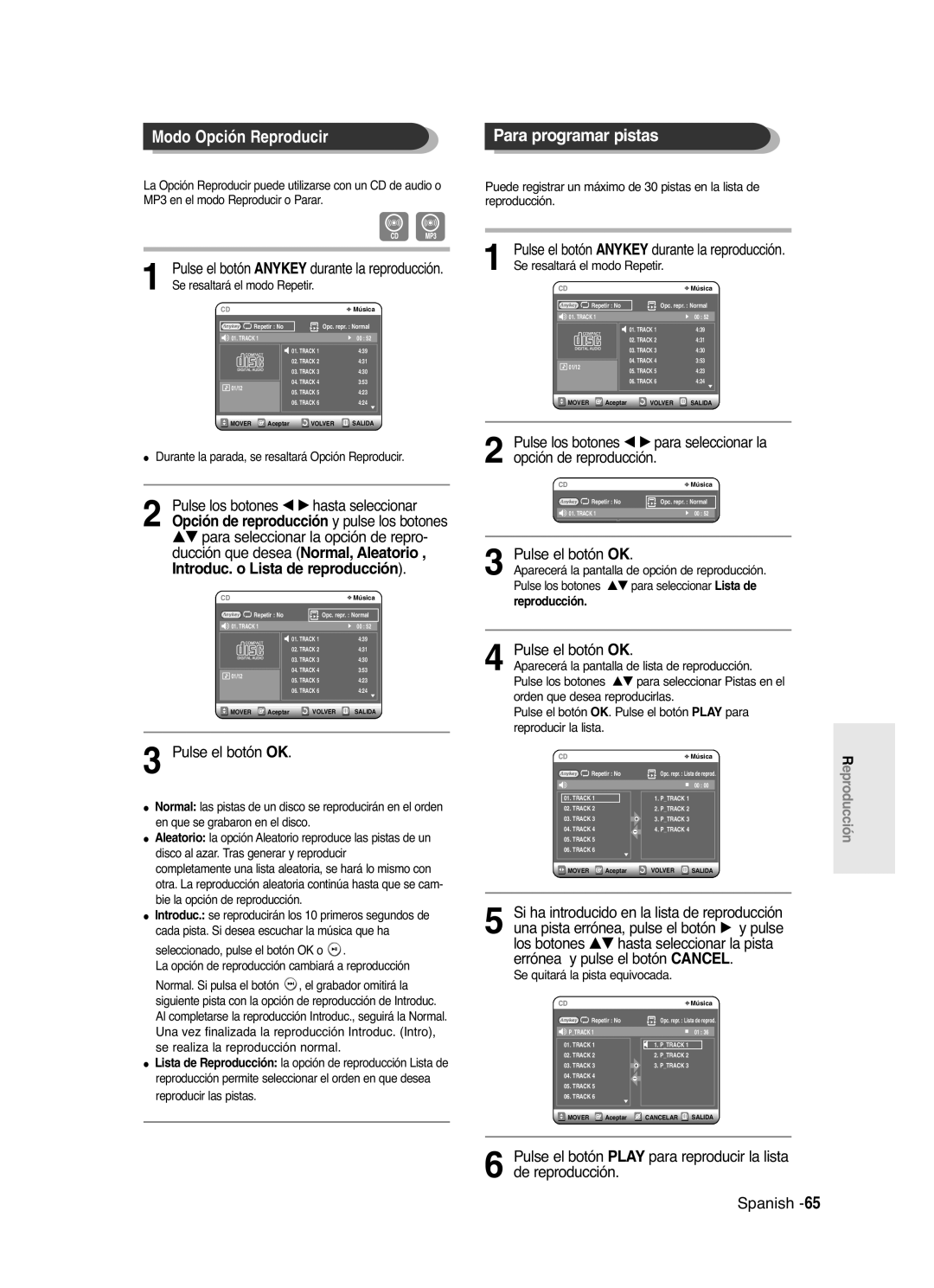 Samsung DVD-R121/XEC, DVD-R121/XEG manual Modo Opción Reproducir Para programar pistas, Introduc. o Lista de reproducción 