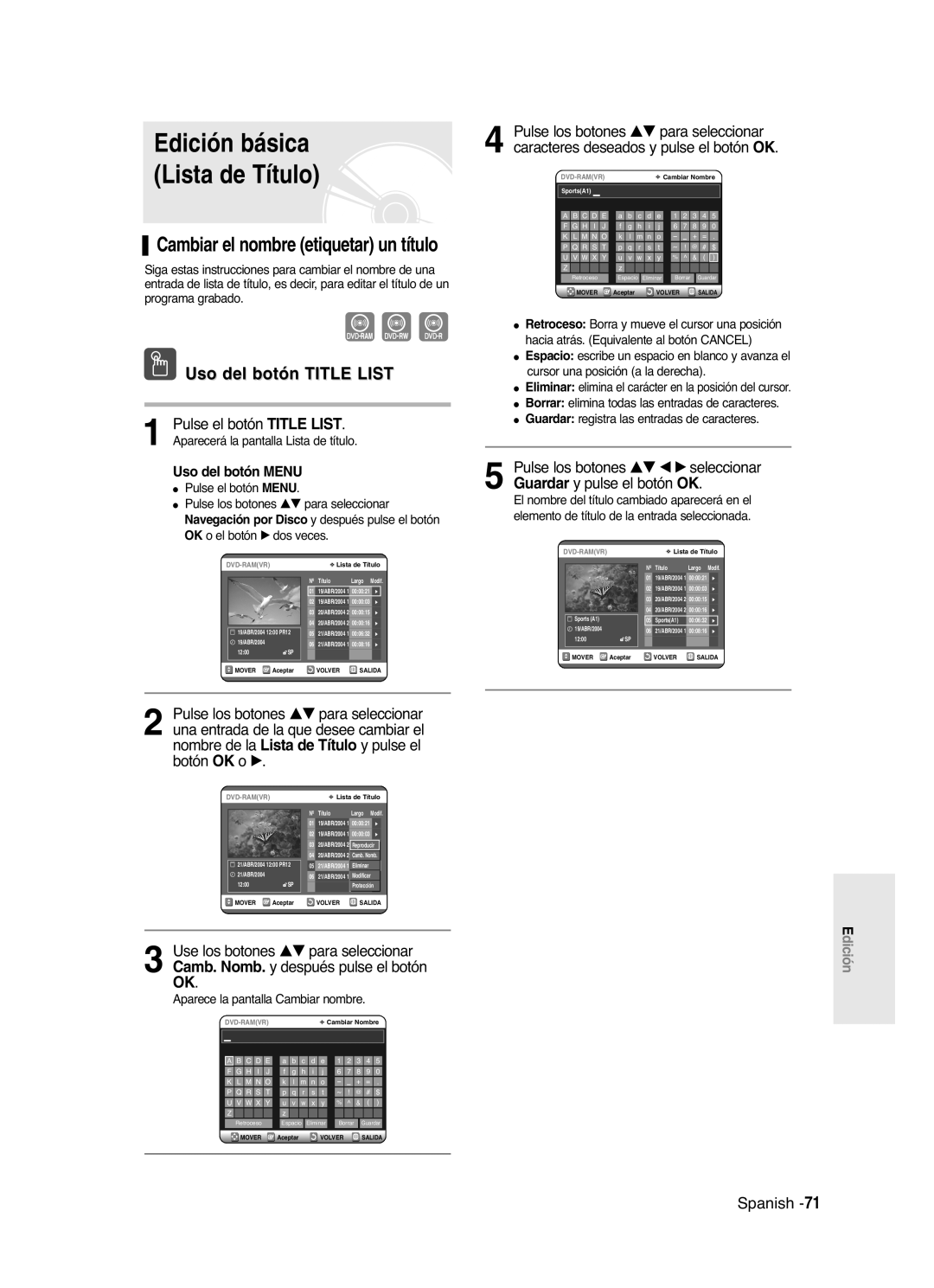 Samsung DVD-R121/XEH, DVD-R121/XEG Edición básica Lista de Título, Uso del botón Menu, Aparece la pantalla Cambiar nombre 