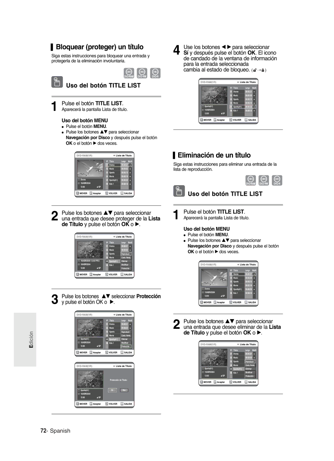 Samsung DVD-R121/SED, DVD-R121/XEG manual Bloquear proteger un título, Eliminación de un título, Cambia al estado de bloqueo 