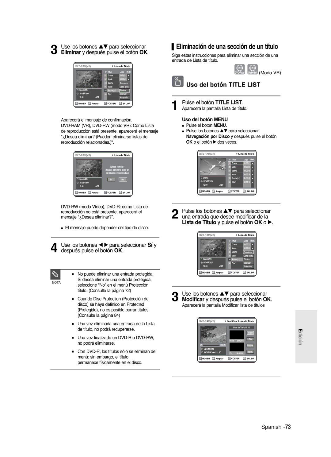 Samsung DVD-R121/XEB, DVD-R121/XEG Eliminación de una sección de un título, El mensaje puede depender del tipo de disco 