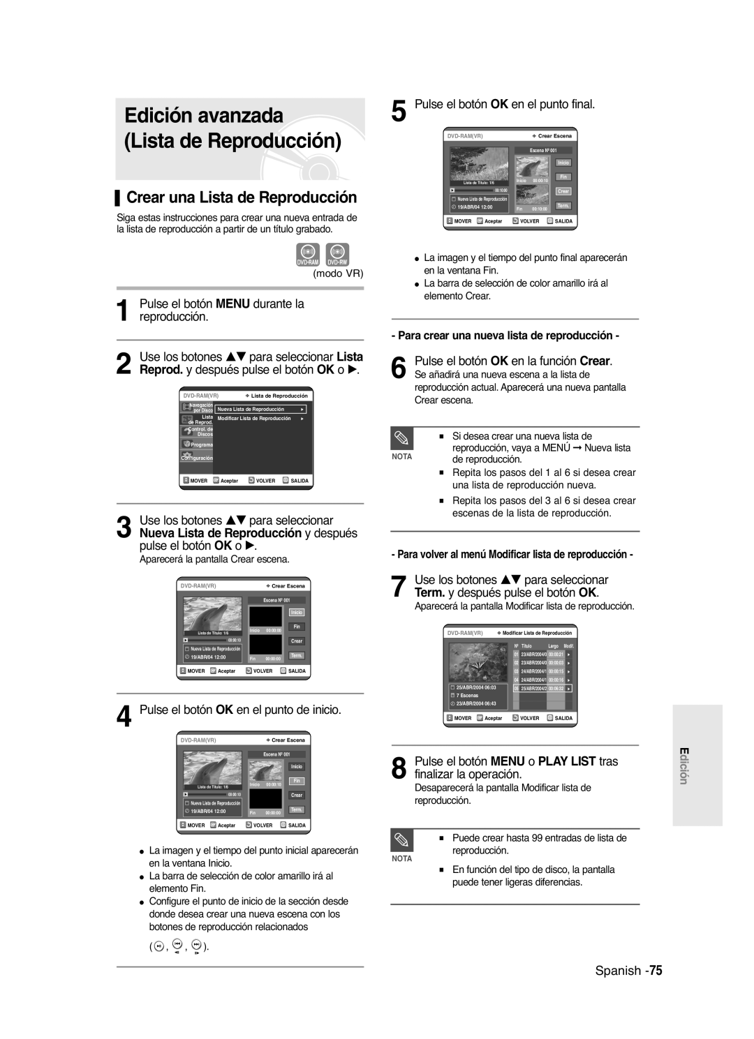 Samsung DVD-R121/COM, DVD-R121/XEG, DVD-R121/XEF Edición avanzada Lista de Reproducción, Crear una Lista de Reproducción 