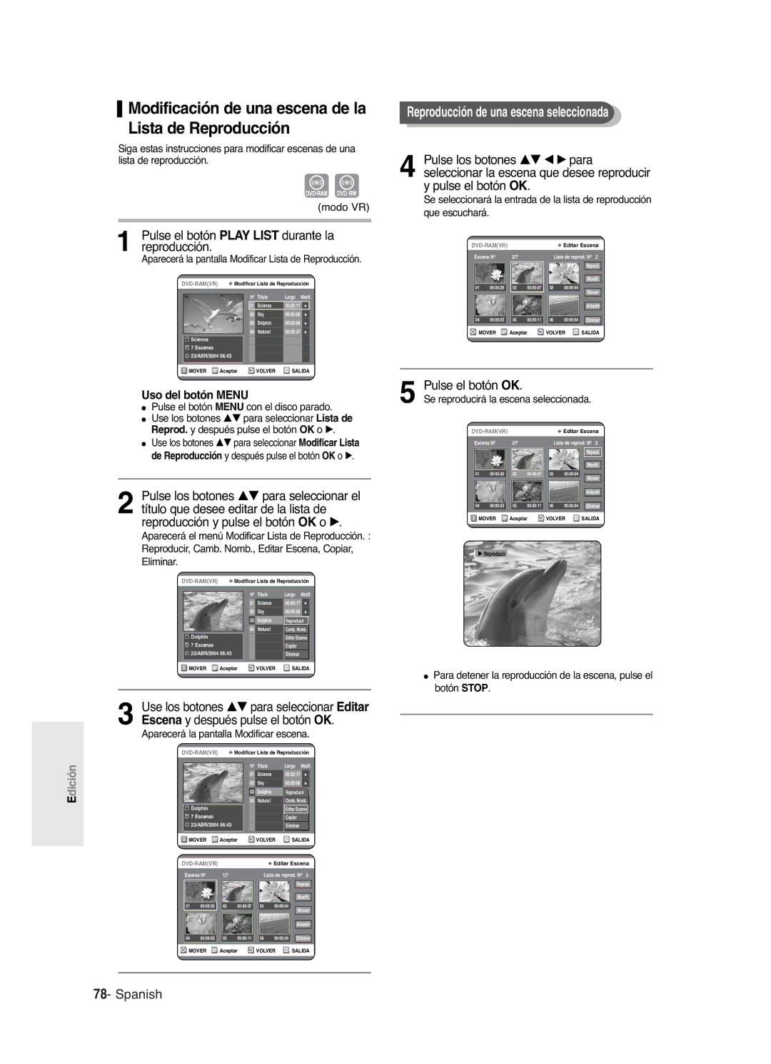 Samsung DVD-R121/XEF manual Modificación de una escena de la Lista de Reproducción, Reproducción de una escena seleccionada 