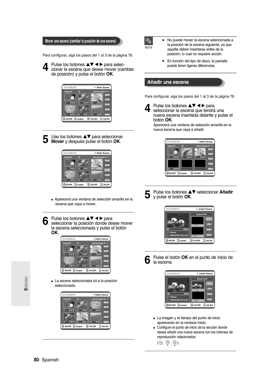 Samsung DVD-R121/EUR, DVD-R121/XEG manual Añadir una escena, Pulse los botones …† seleccionar Añadir y pulse el botón OK 