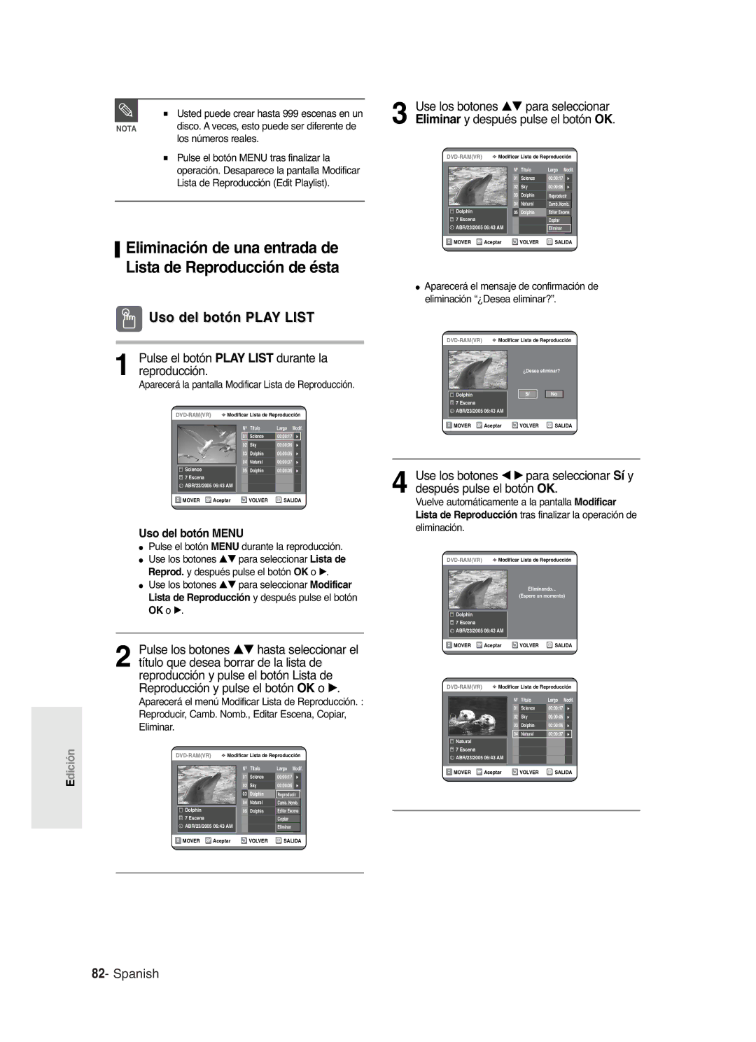 Samsung DVD-R121/XEH, DVD-R121/XEG manual Eliminación de una entrada de Lista de Reproducción de ésta, Los números reales 