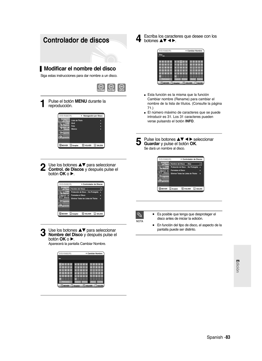 Samsung DVD-R121/SED manual Controlador de discos, Modificar el nombre del disco, Aparecerá la pantalla Cambiar Nombre 