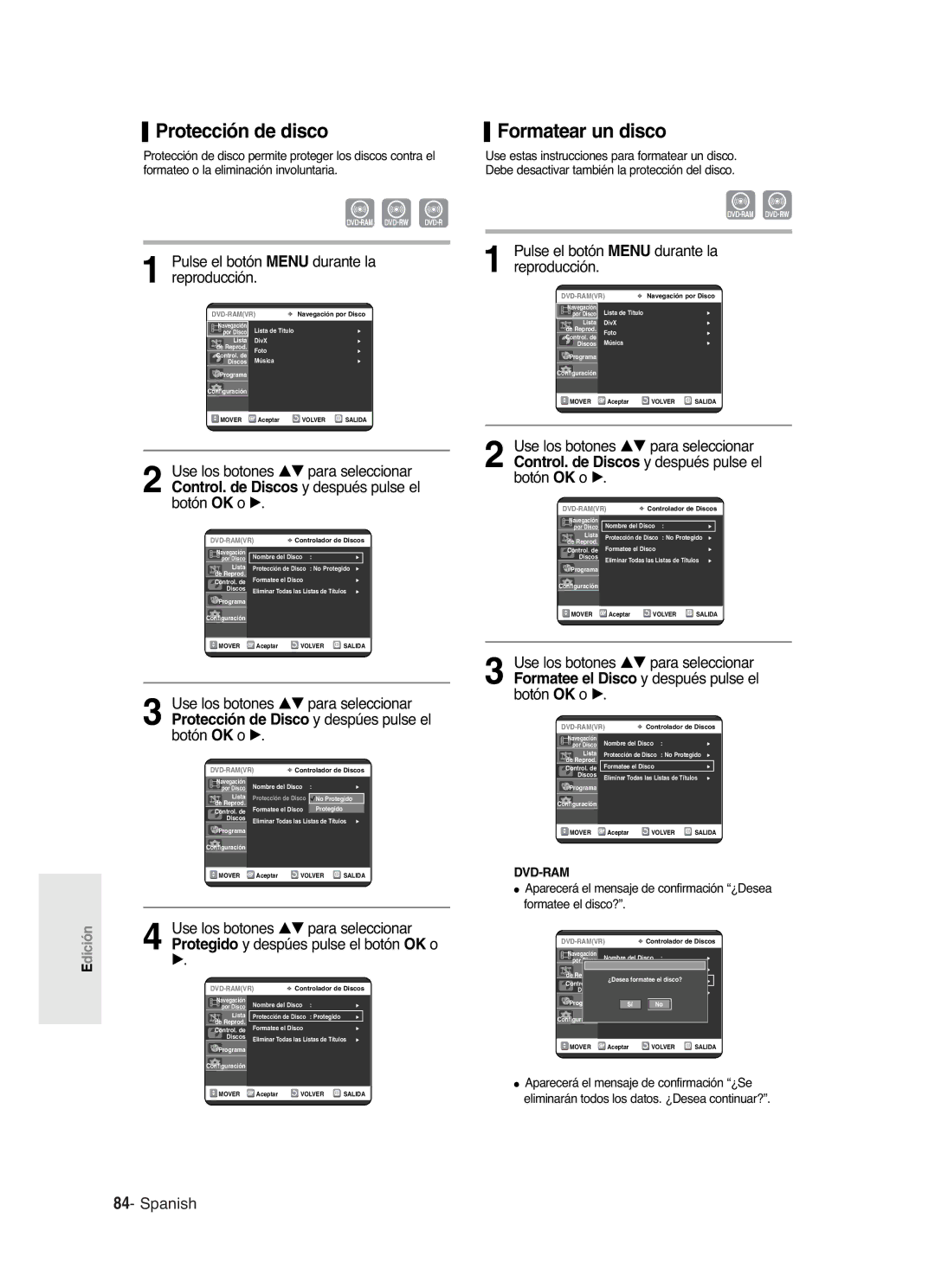 Samsung DVD-R121/XEB, DVD-R121/XEG, DVD-R121/XEF, DVD-R121/XEO, DVD-R121/EUR manual Protección de disco, Formatear un disco 