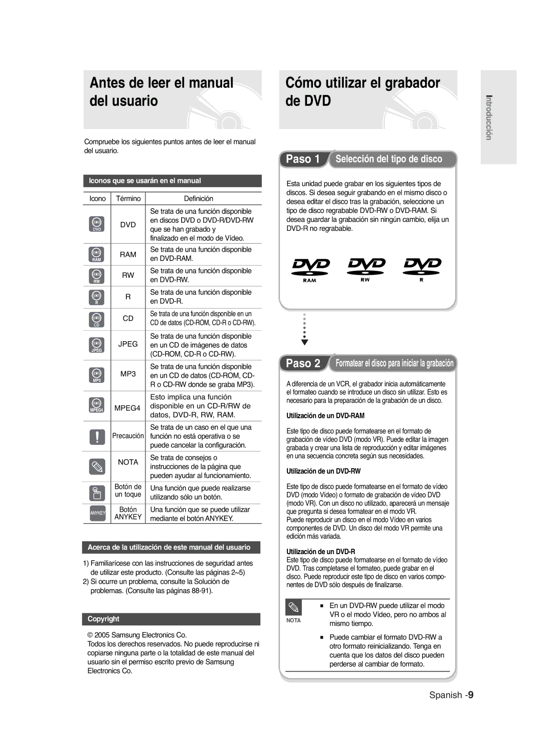 Samsung DVD-R121/COM Antes de leer el manual, Del usuario De DVD, Paso 2 Formatear el disco para iniciar la grabación 