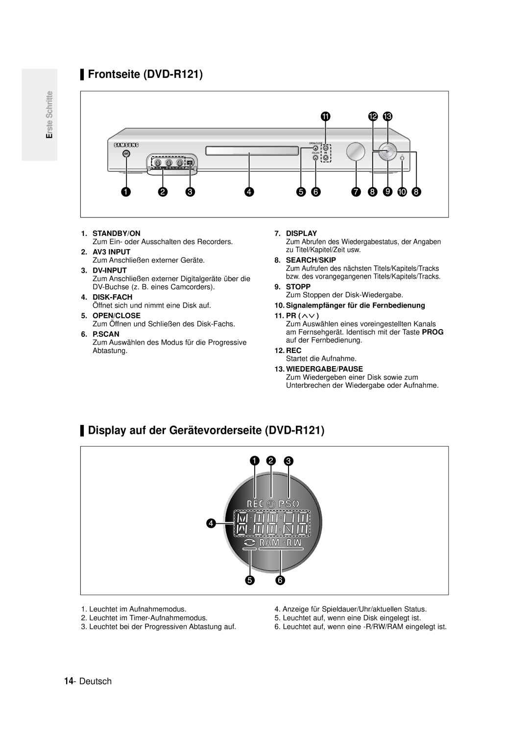 Samsung DVD-R121/XEG manual Frontseite DVD-R121, Display auf der Gerätevorderseite DVD-R121, Leuchtet im Aufnahmemodus 