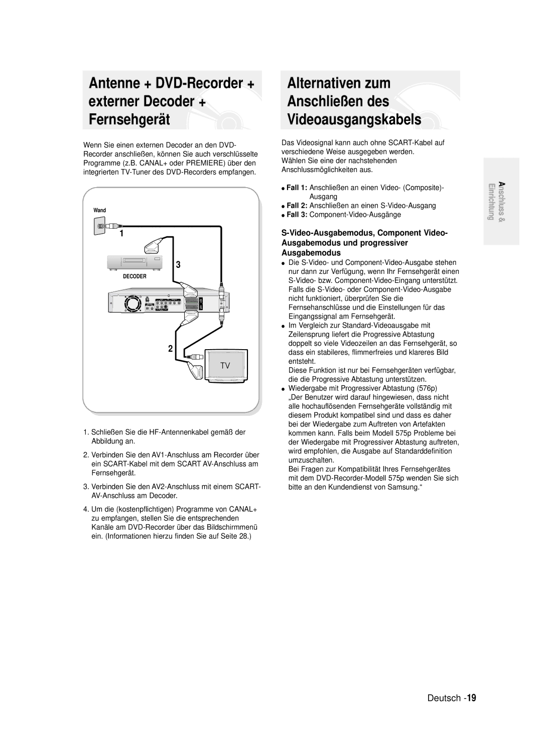 Samsung DVD-R121/XEG Alternativen zum Anschließen des Videoausgangskabels, Wenn Sie einen externen Decoder an den DVD 