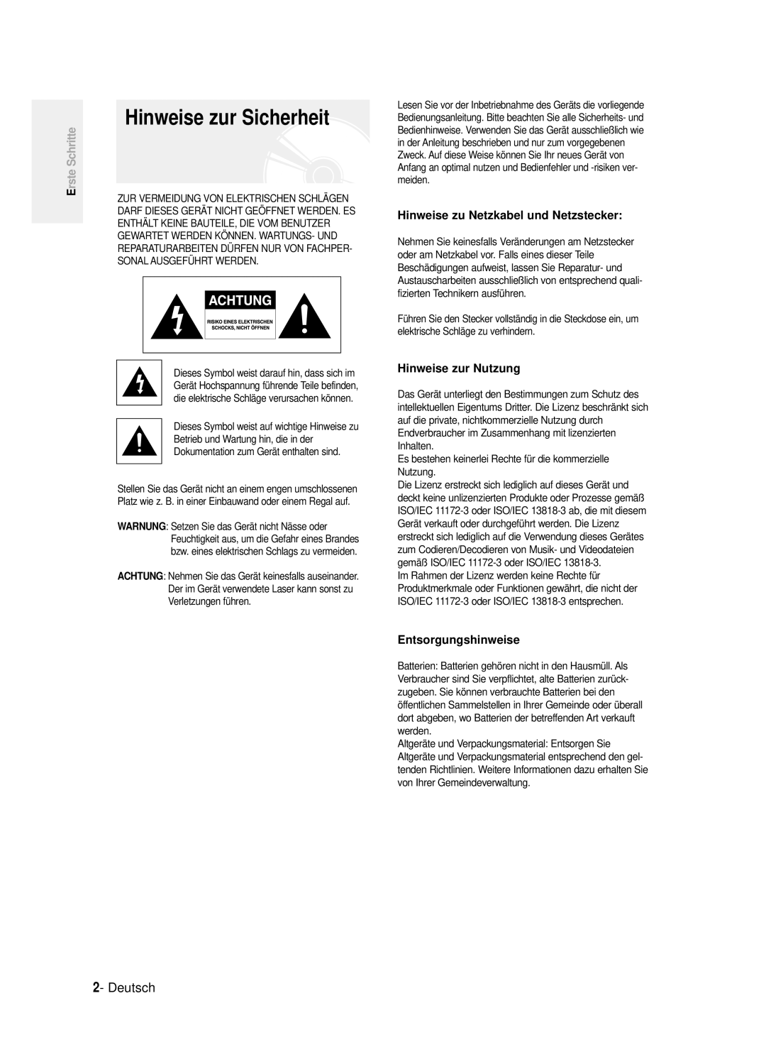 Samsung DVD-R121/XEG manual Hinweise zur Sicherheit, Deutsch, Hinweise zu Netzkabel und Netzstecker, Hinweise zur Nutzung 