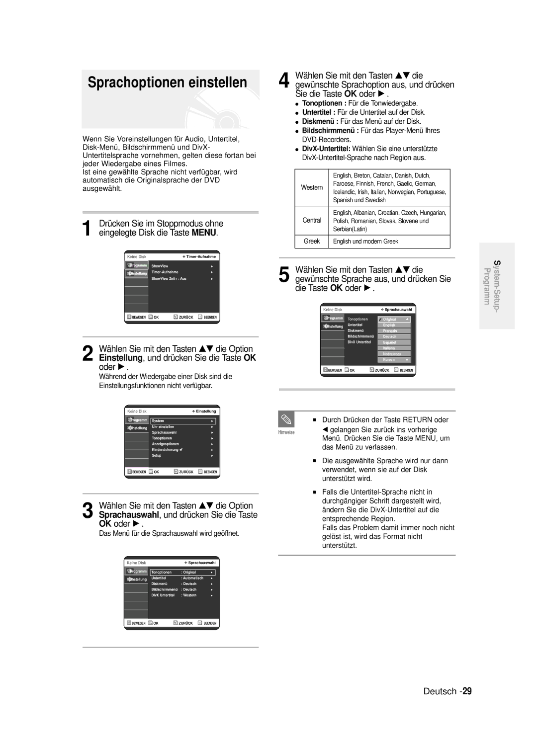 Samsung DVD-R121/XEG manual Sprachoptionen einstellen, Sie die Taste, Das Menü für die Sprachauswahl wird geöffnet 