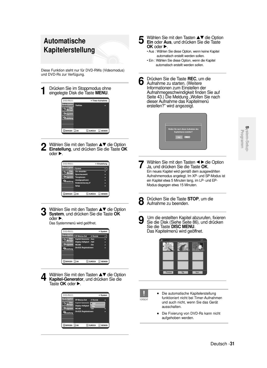 Samsung DVD-R121/XEG manual Automatische Kapitelerstellung, OK oder, Aufnahmegeschwindigkeit finden Sie auf 