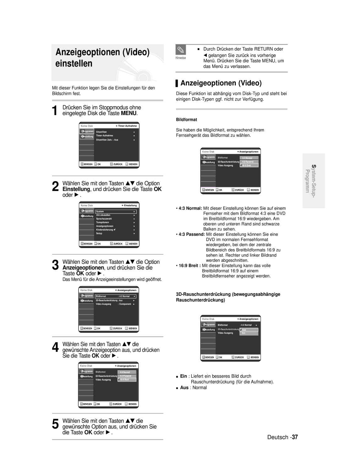 Samsung DVD-R121/XEG manual Anzeigeoptionen Video, Einstellen, OK oder 