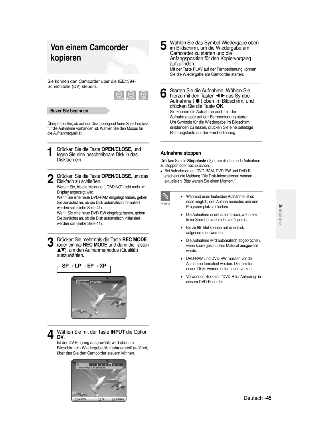 Samsung DVD-R121/XEG manual Von einem Camcorder kopieren, Wählen Sie mit der Taste, Hierzu mit den Tasten, Input die Option 