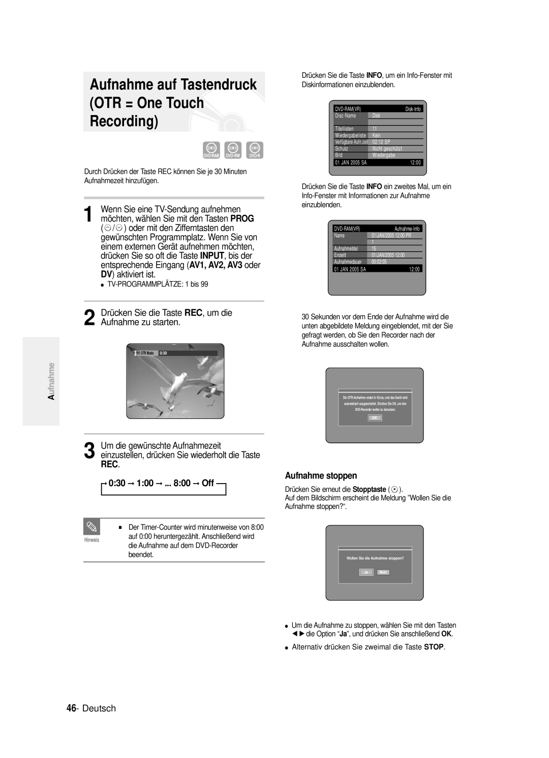 Samsung DVD-R121/XEG manual Oder mit den Zifferntasten den, DV aktiviert ist, REC, um die, 030 100 .. Off 