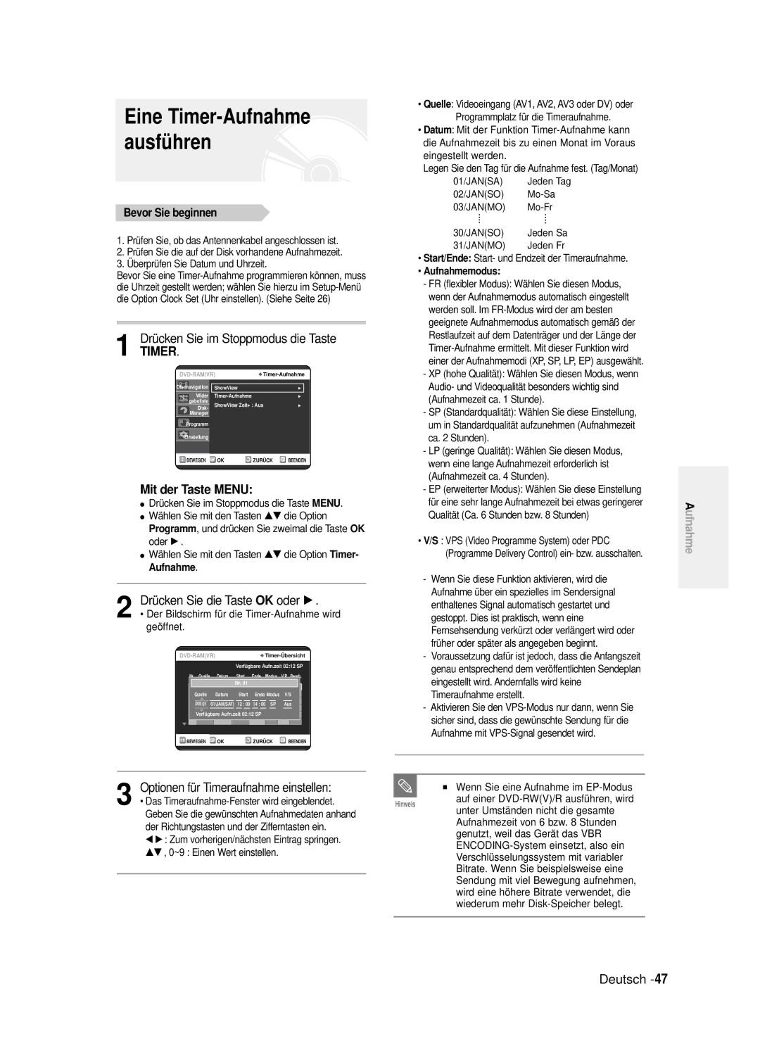 Samsung DVD-R121/XEG manual Mit der Taste Menu, Optionen für Timeraufnahme einstellen, Geöffnet 