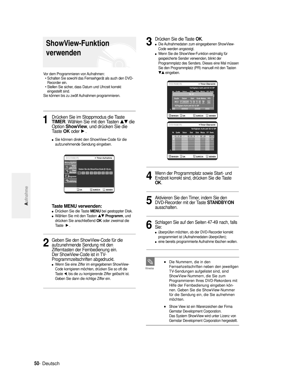 Samsung DVD-R121/XEG manual Option ShowView, und drücken Sie die Taste OK oder √, Taste Menu verwenden, Ausschalten 