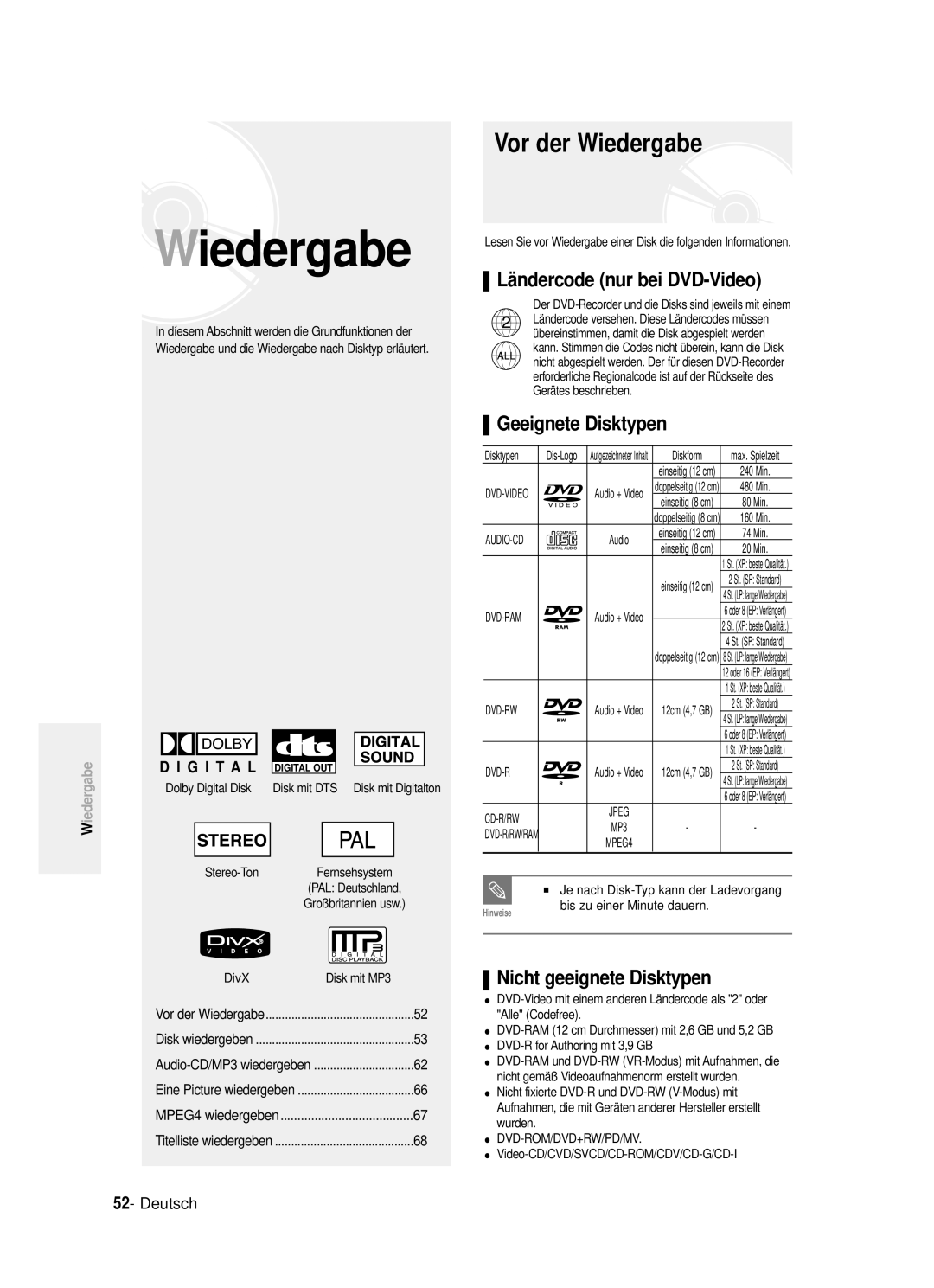 Samsung DVD-R121/XEG Vor der Wiedergabe, Ländercode nur bei DVD-Video, Geeignete Disktypen, Nicht geeignete Disktypen 