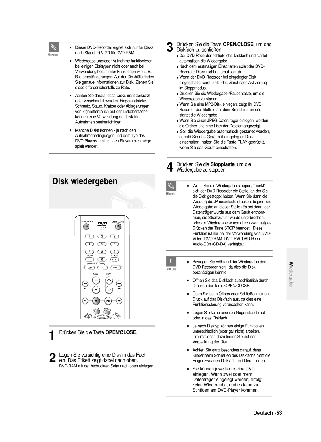 Samsung DVD-R121/XEG manual Disk wiedergeben, Drücken Sie die Taste OPEN/CLOSE, Stopptaste, um die 