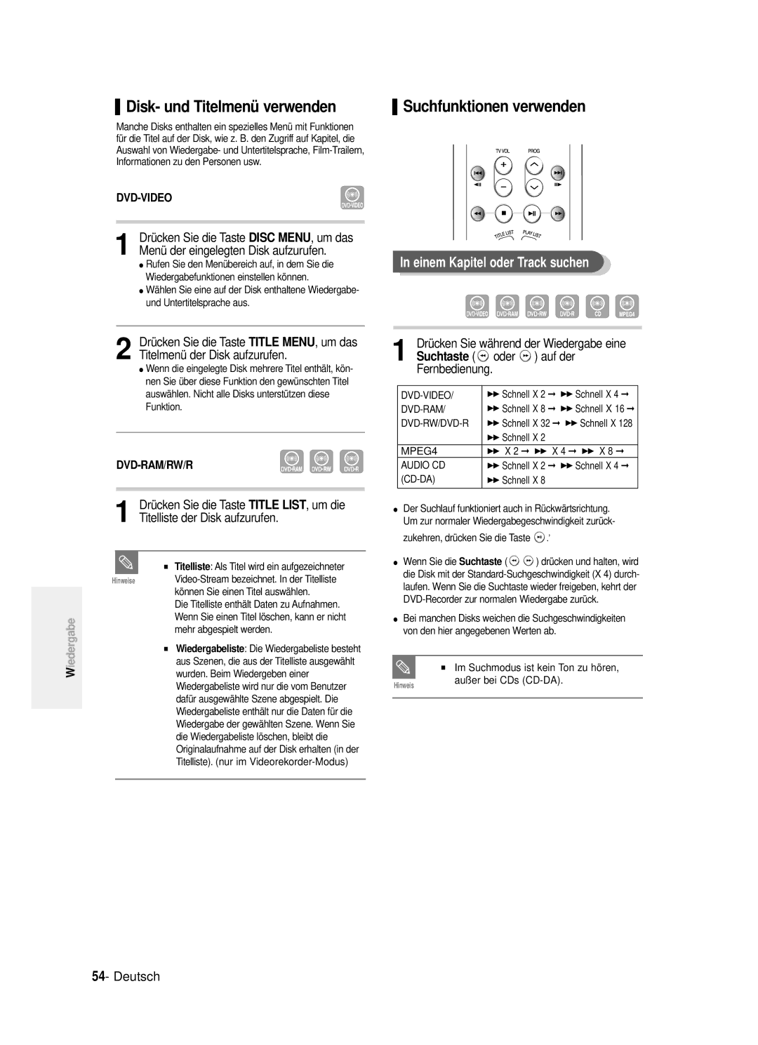 Samsung DVD-R121/XEG manual Disk- und Titelmenü verwenden, Suchfunktionen verwenden, Einem Kapitel oder Track suchen 