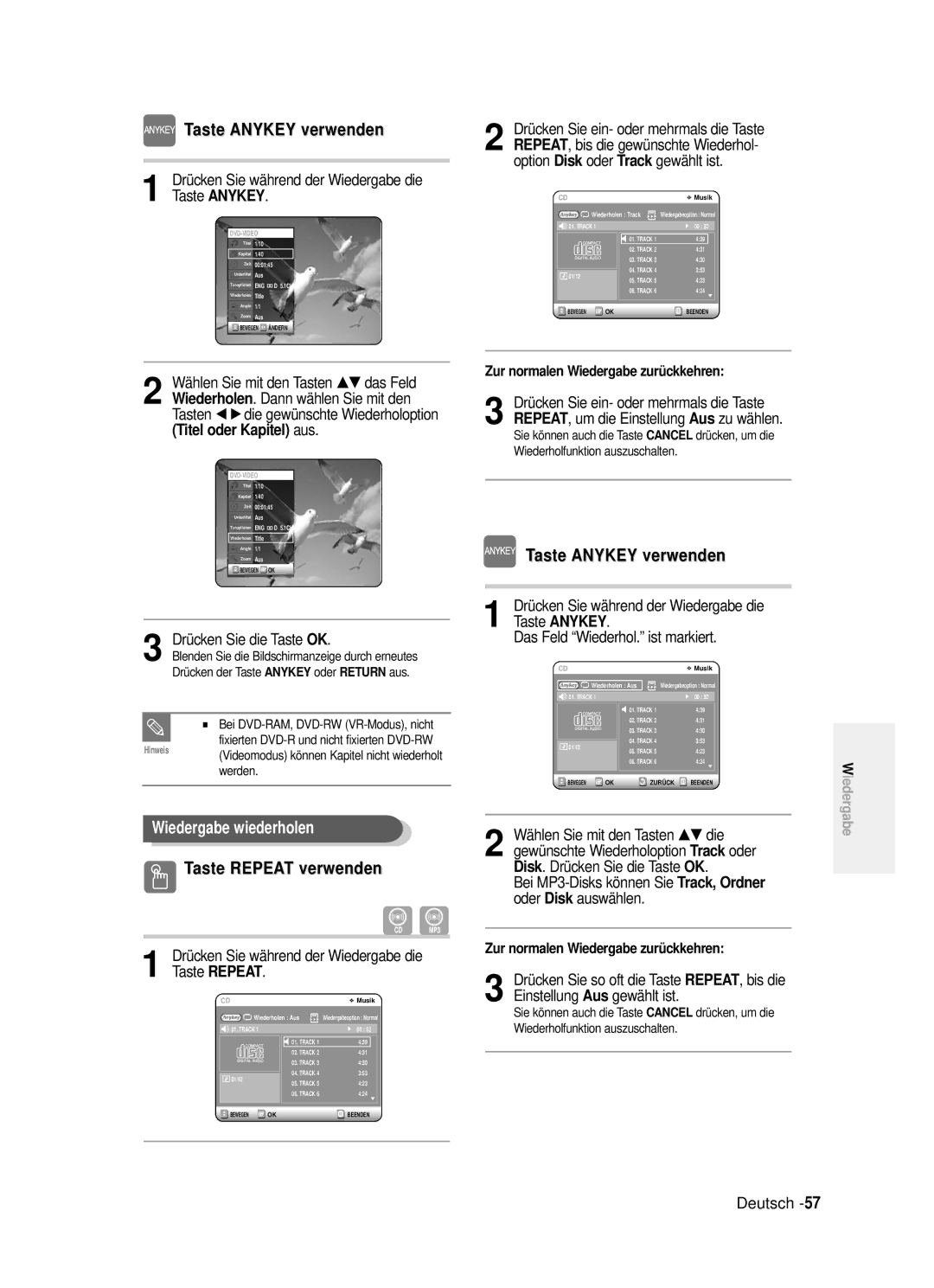 Samsung DVD-R121/XEG manual Taste Anykey verwenden, Track oder, Track, Ordner, Aus gewählt ist 