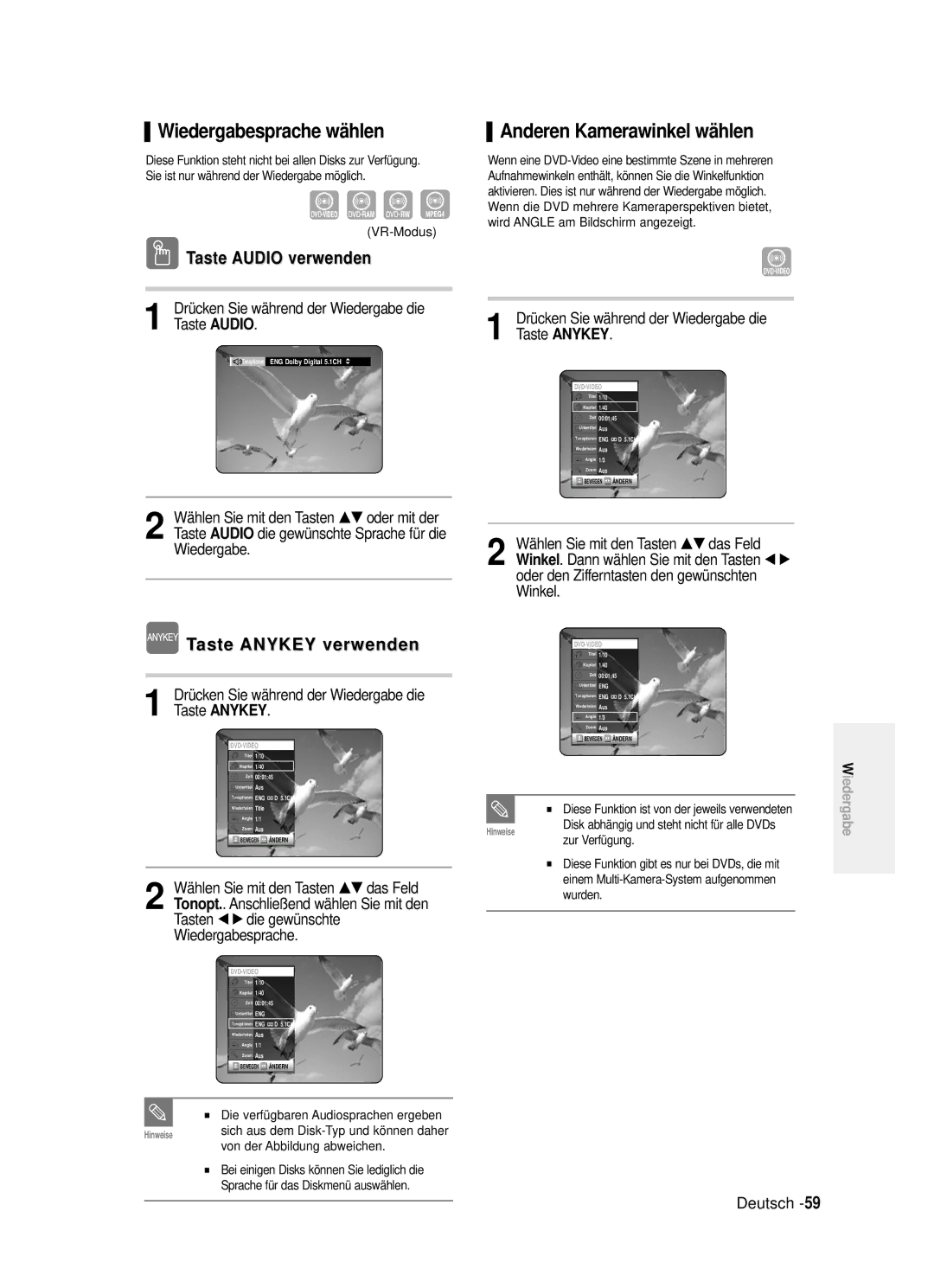 Samsung DVD-R121/XEG manual Wiedergabesprache wählen, Anderen Kamerawinkel wählen, Taste Audio verwenden, Winkel 