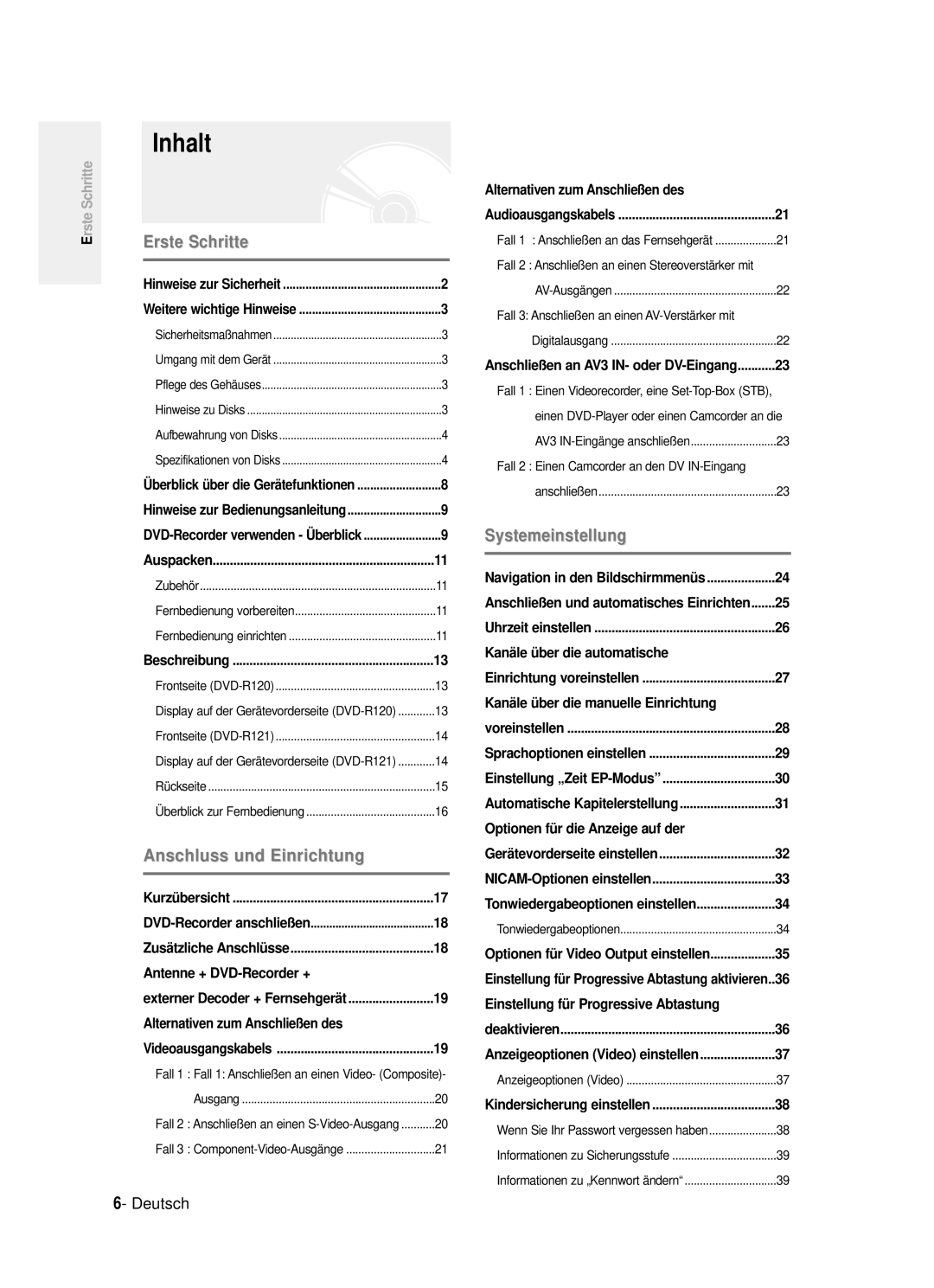 Samsung DVD-R121/XEG manual Inhalt, Antenne + DVD-Recorder +, Kanäle über die manuelle Einrichtung 