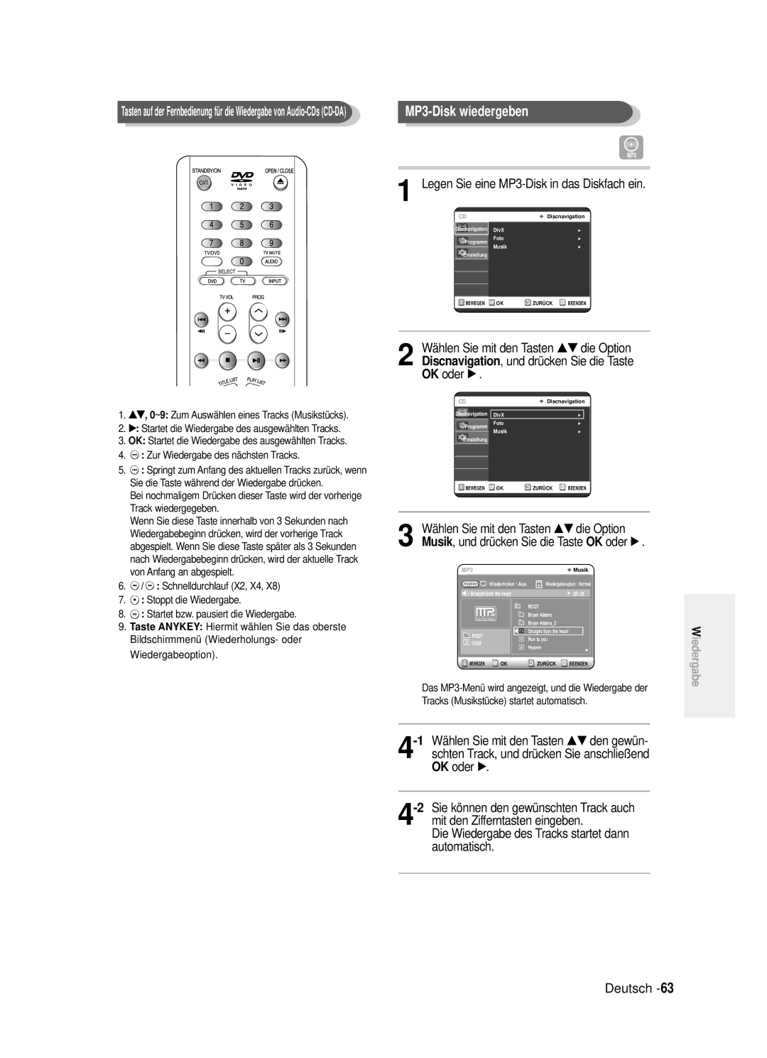 Samsung DVD-R121/XEG manual Legen Sie eine MP3-Disk in das Diskfach ein, OK oder, …† die Option, MP3-Disk wiedergeben 