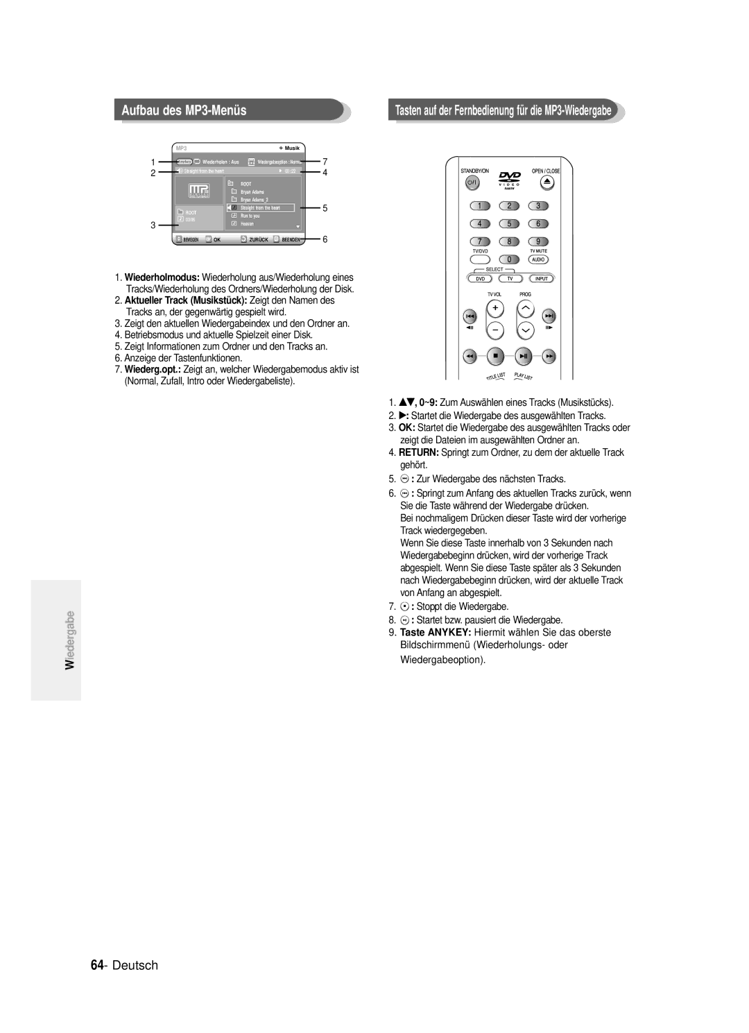 Samsung DVD-R121/XEG manual Aufbau des MP3-Menü s, Aktueller Track Musikstü ck Zeigt den Namen des 