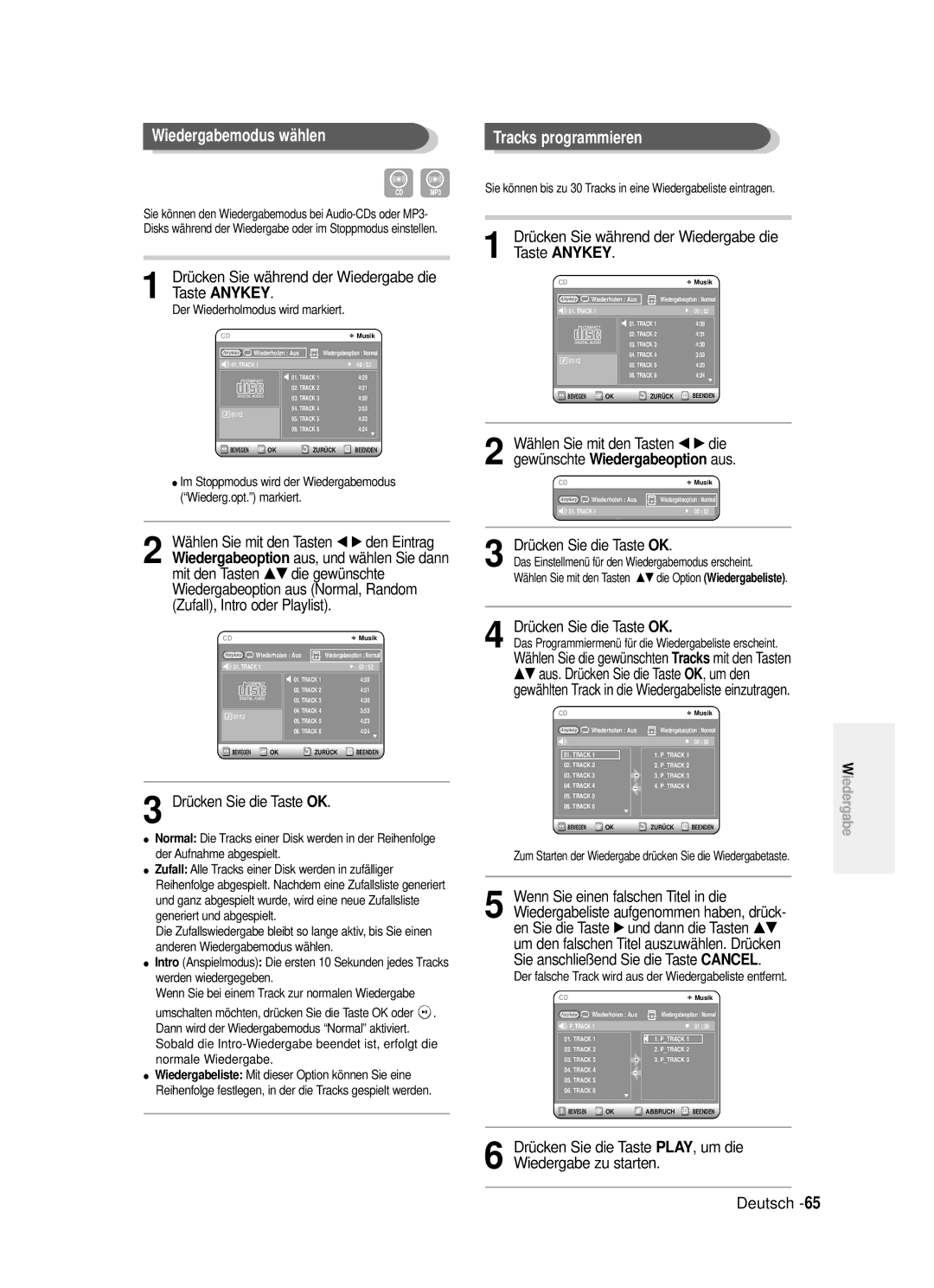 Samsung DVD-R121/XEG manual Wiedergabemodus wählen, Tracks programmieren, Wiedergabeoption aus, …† die gewünschte 