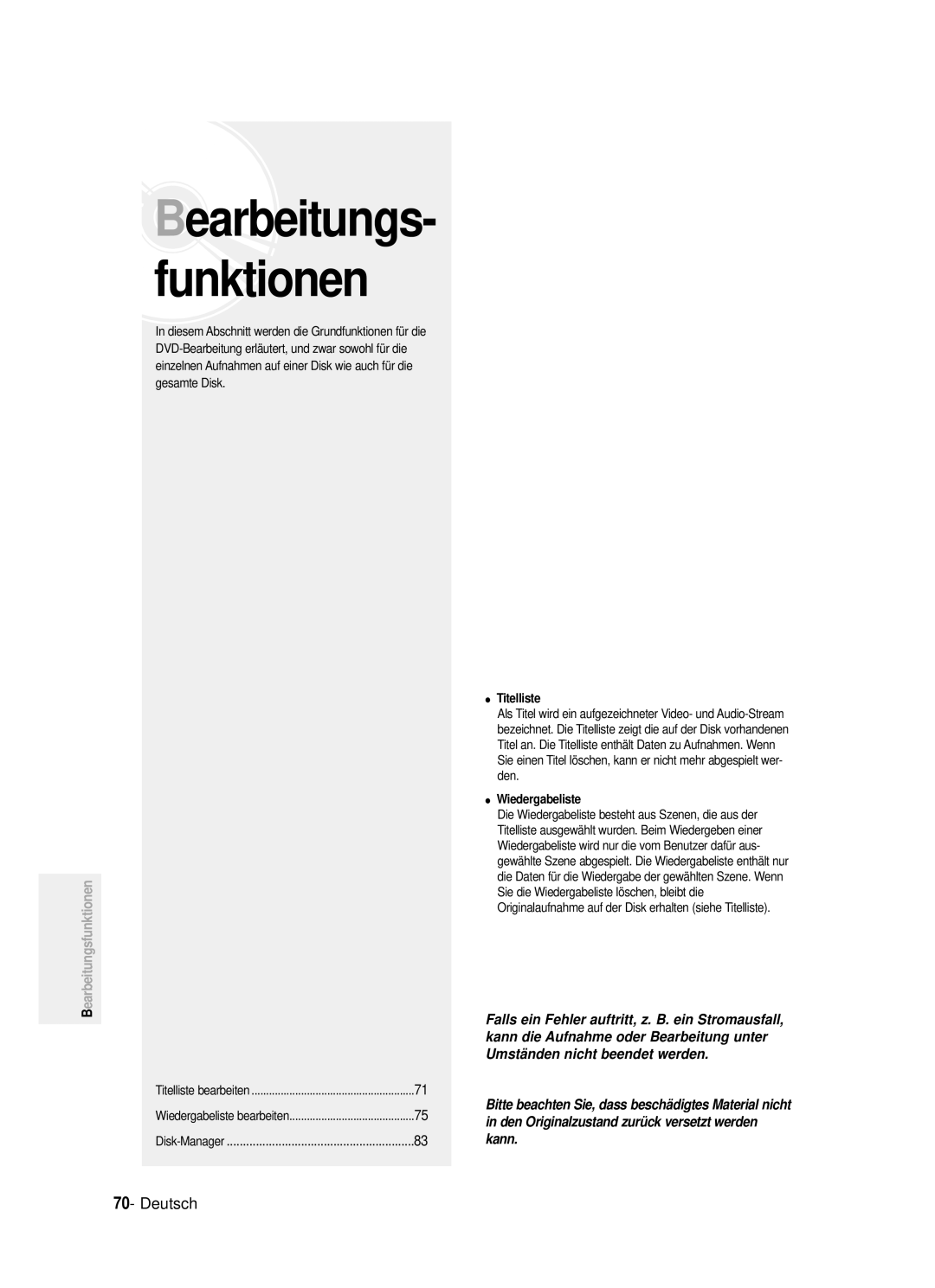 Samsung DVD-R121/XEG manual Titelliste bearbeiten Wiedergabeliste bearbeiten 